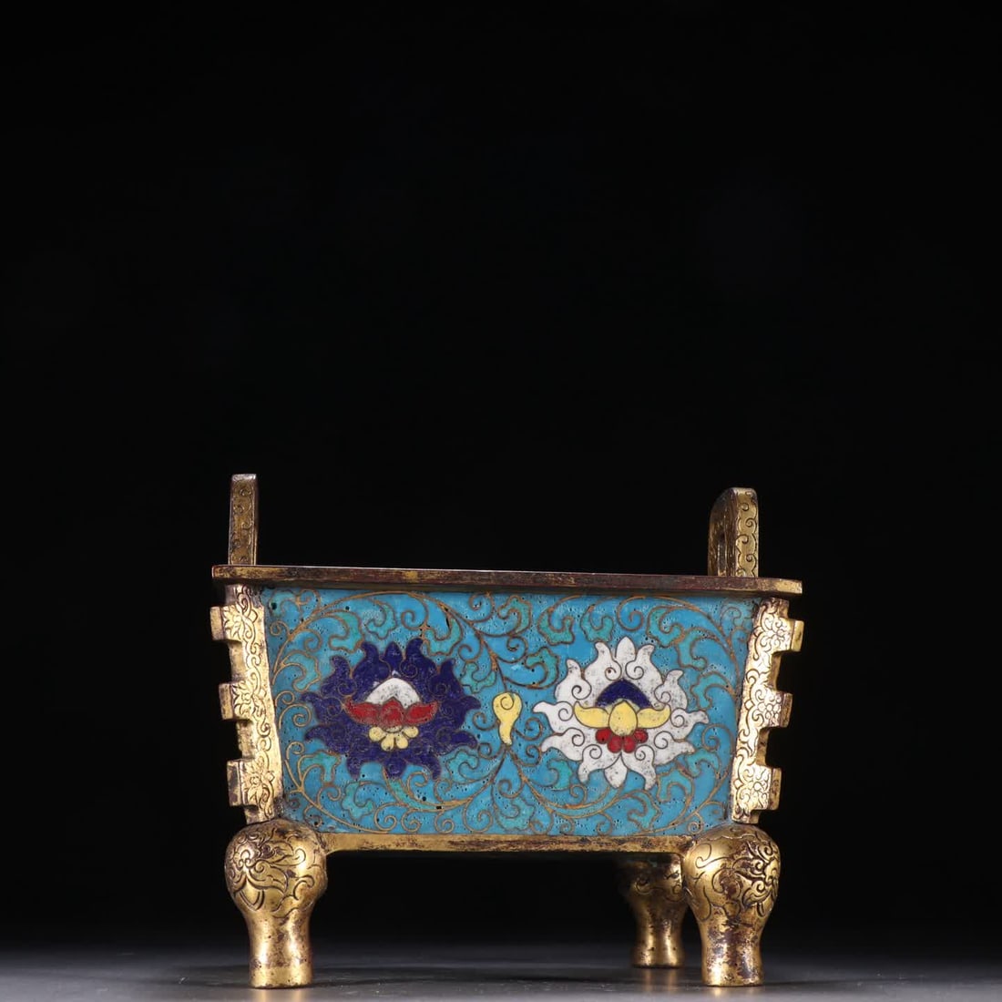 A Qing Dynasty bronze gilt cloisonne lotus square burner: Qing Dynasty bronze gilt cloisonne lotus four-sided censer with entwined branches SIZE: H:13.2cm W:4.1cm W:890g (The Dimensions Of All Batches Are Manually Measured.If You Need More Detailed Informati