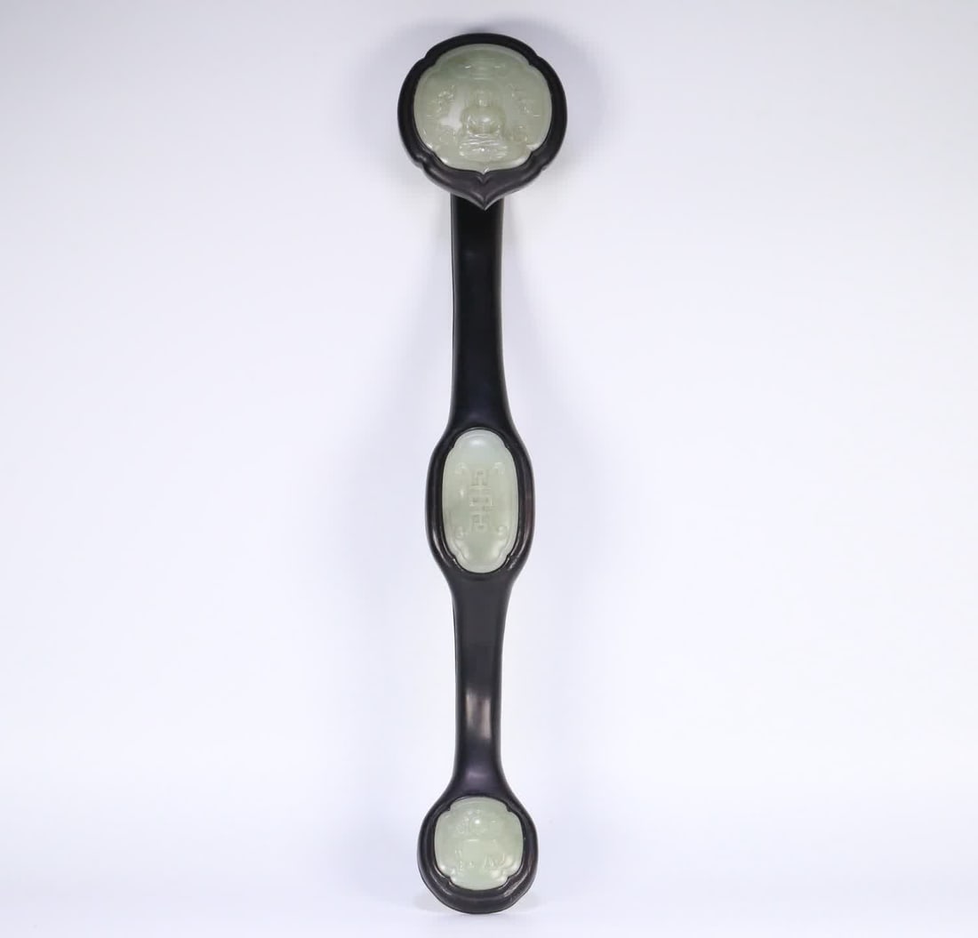A rosewood inlaid Hetian jade auspicious ornament: Rosewood inlaid Hetian jade auspicious ornaments SIZE: 55x11x8cm W:715g (The Dimensions Of All Batches Are Manually Measured.If You Need More Detailed Information, Please Contact Our Customer Service 