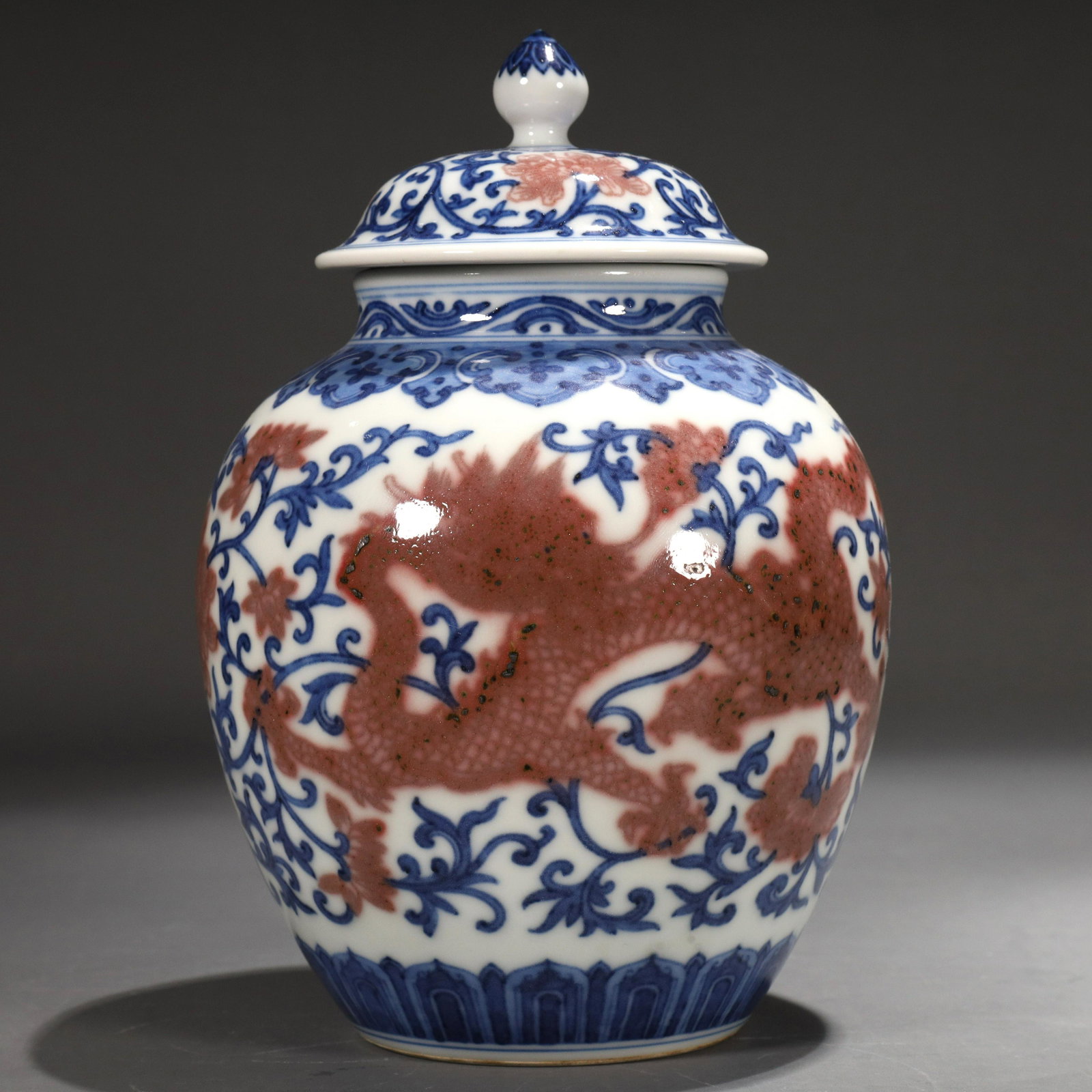 A Blue And White Copper-Red 'Scrolling Tendrils, Dragon, Phoenix' Jar And Cover (1 of 10)