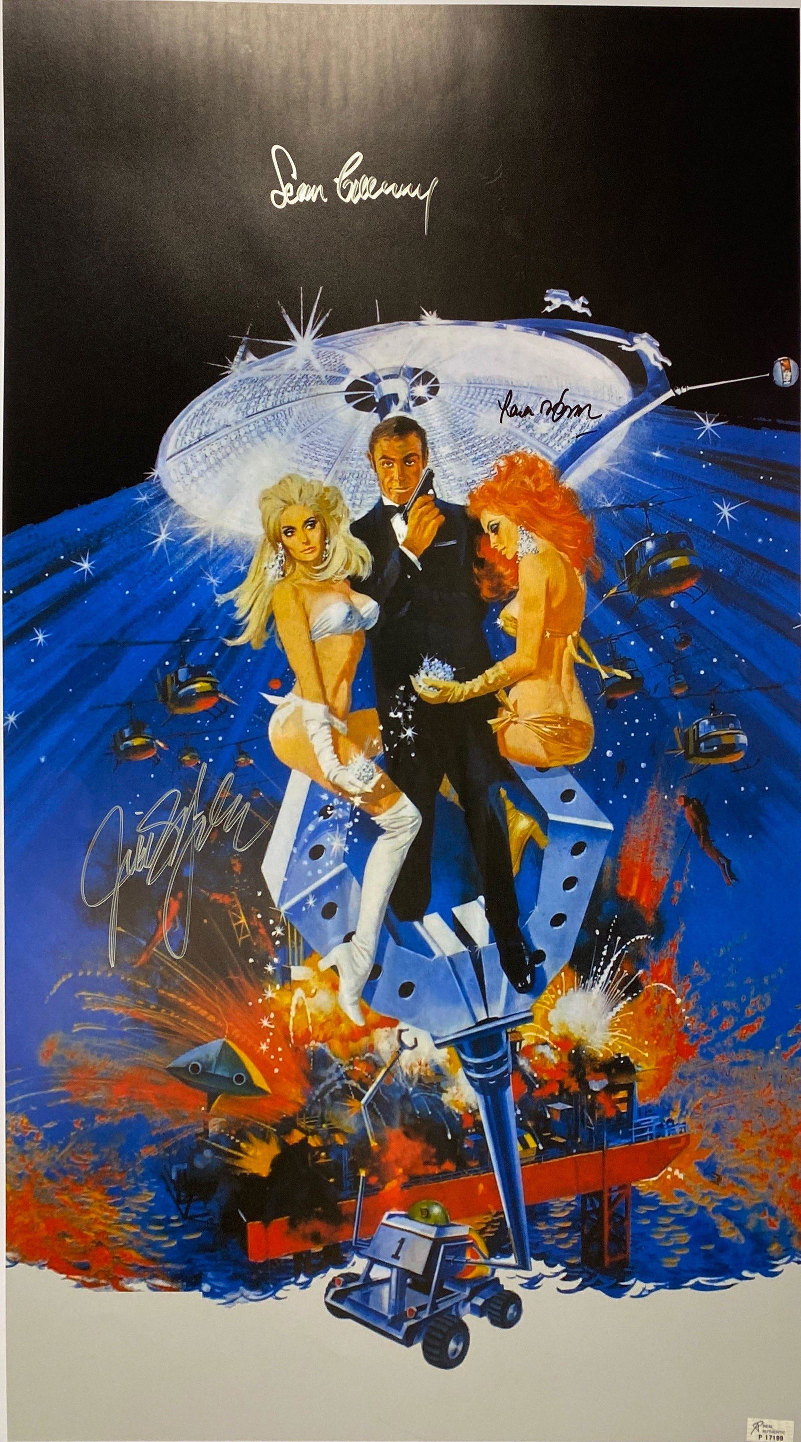 Autograph James Bond 007 Diamonds Are Forever Poster: Category: Autograph CollectiblesAutograph By: Sean Connery, Jill St. John, Lana WoodSize : 24'' x 36''Excellent Condition and Certified Please read our termsn before placing bids.