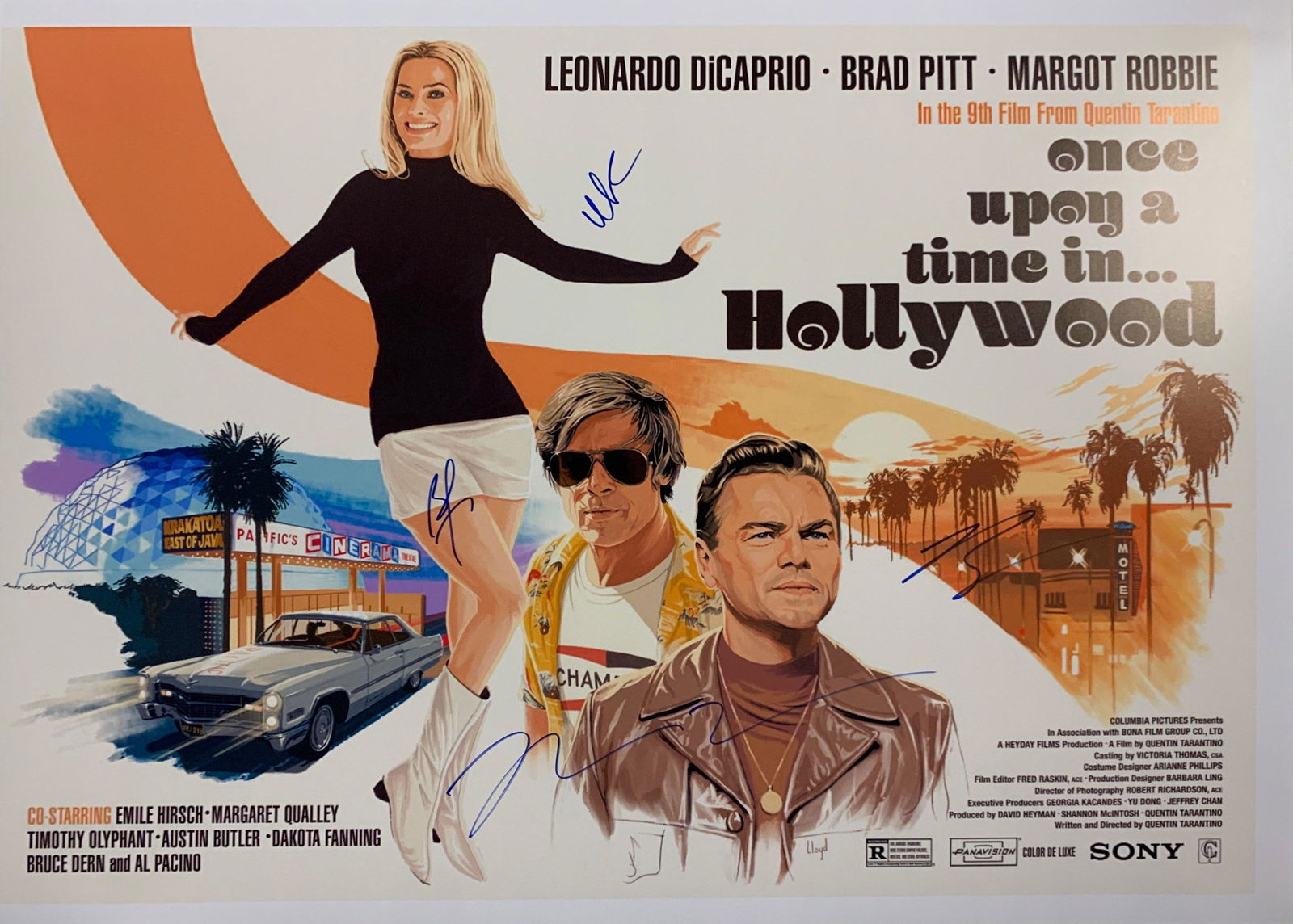 Autograph Once Upon a Time in Hollywood Poster: Category: Autograph CollectiblesAutograph Includes: Leonardo DiCarpio, Brad Pitt, Margot Robbie, Quentin TarantinoSize : 24' x 16''Excellent Condition and Certified Please read our termsn before placi