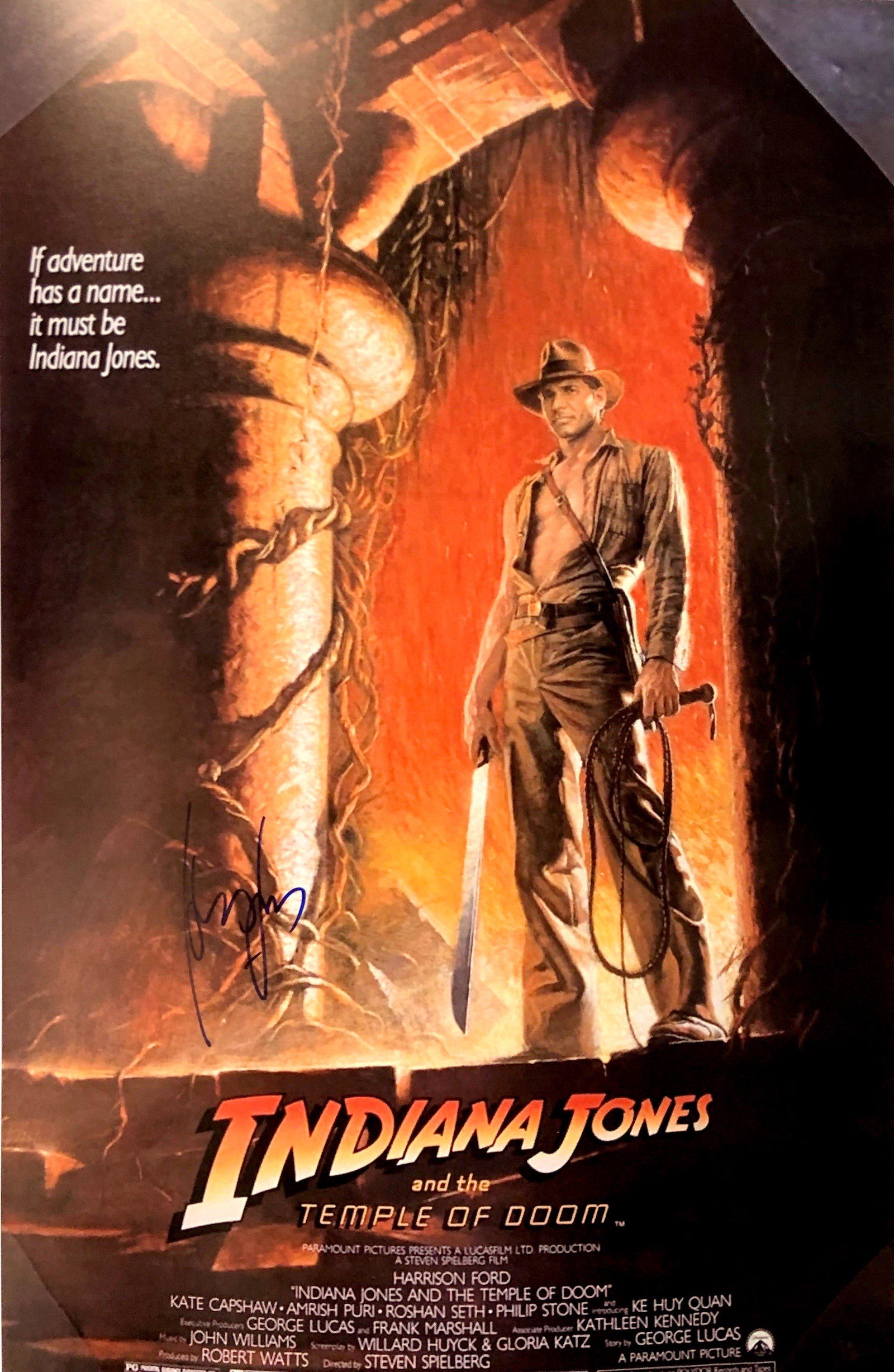 Autograph Indiana Jones Temple of Doom Poster: Category: Autograph CollectiblesAutograph Includes: Harrison FordSize : 12' x 16''Excellent Condition and Certified Please read our termsn before placing bids.
