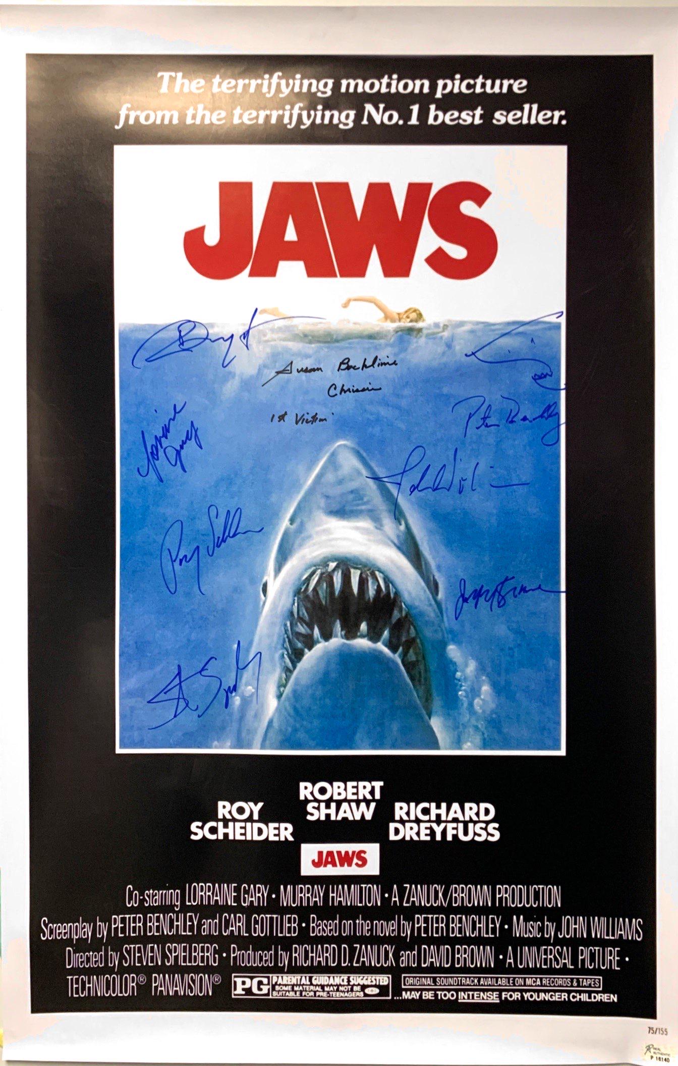 Autograph Jaws Poster: Autographed by:Lorraine Gary, Jeffrey Kramer, Peter Benchley, Roy Schneider, Susan Backline, Richard Dreyfuss, Steven Spielberg, Robert Shaw, John WilliamsSize : 24"x 36" Authenticated and Excellent C