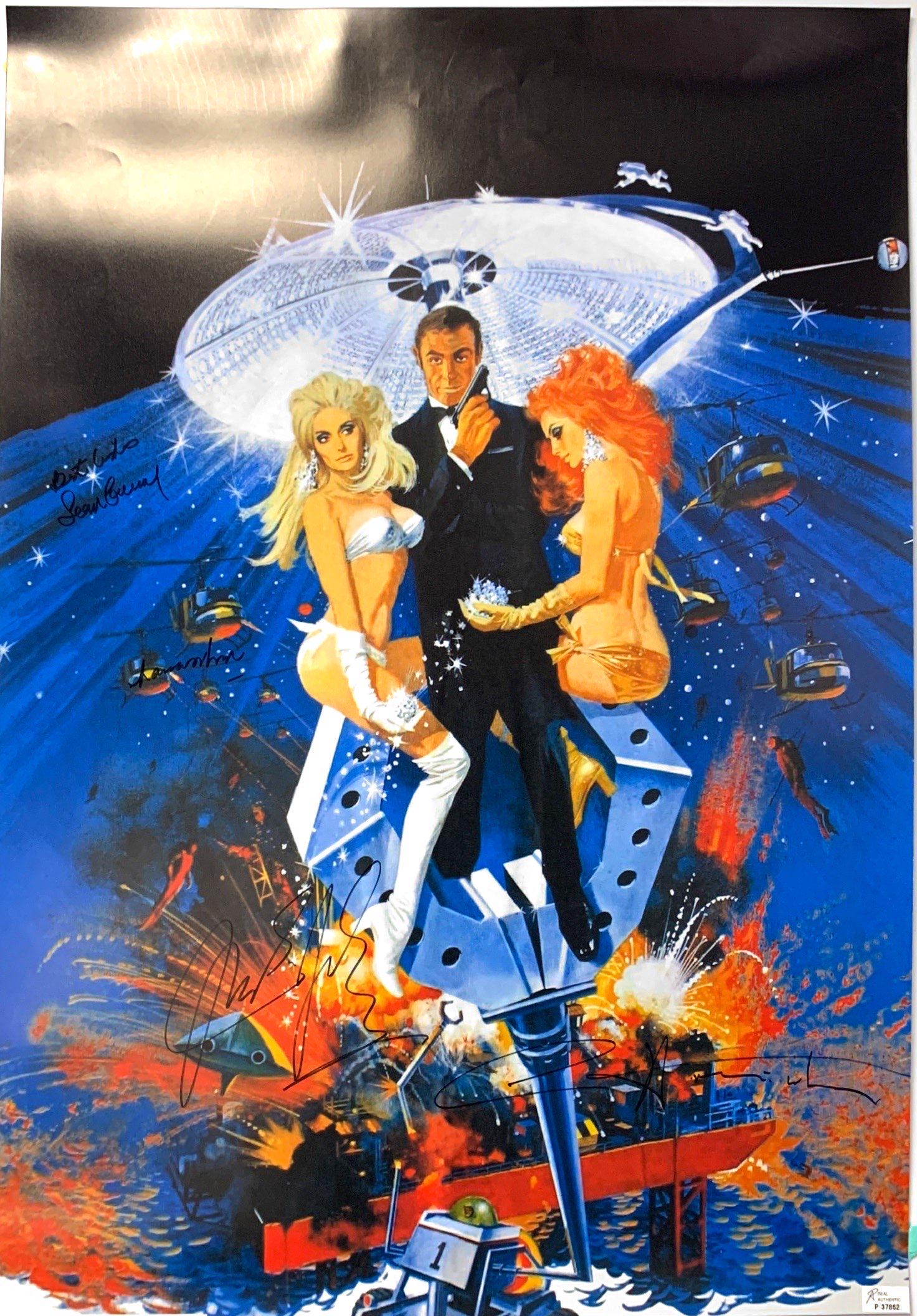 Autograph 007 Diamonds Are Forever Poster: Autograph By: Guy Hamilton, Sean Connery, Jill St. John, Lana WoodSize : 24"x 36" Authenticated and Excellent ConditionPlease read our termsn before placing bids.