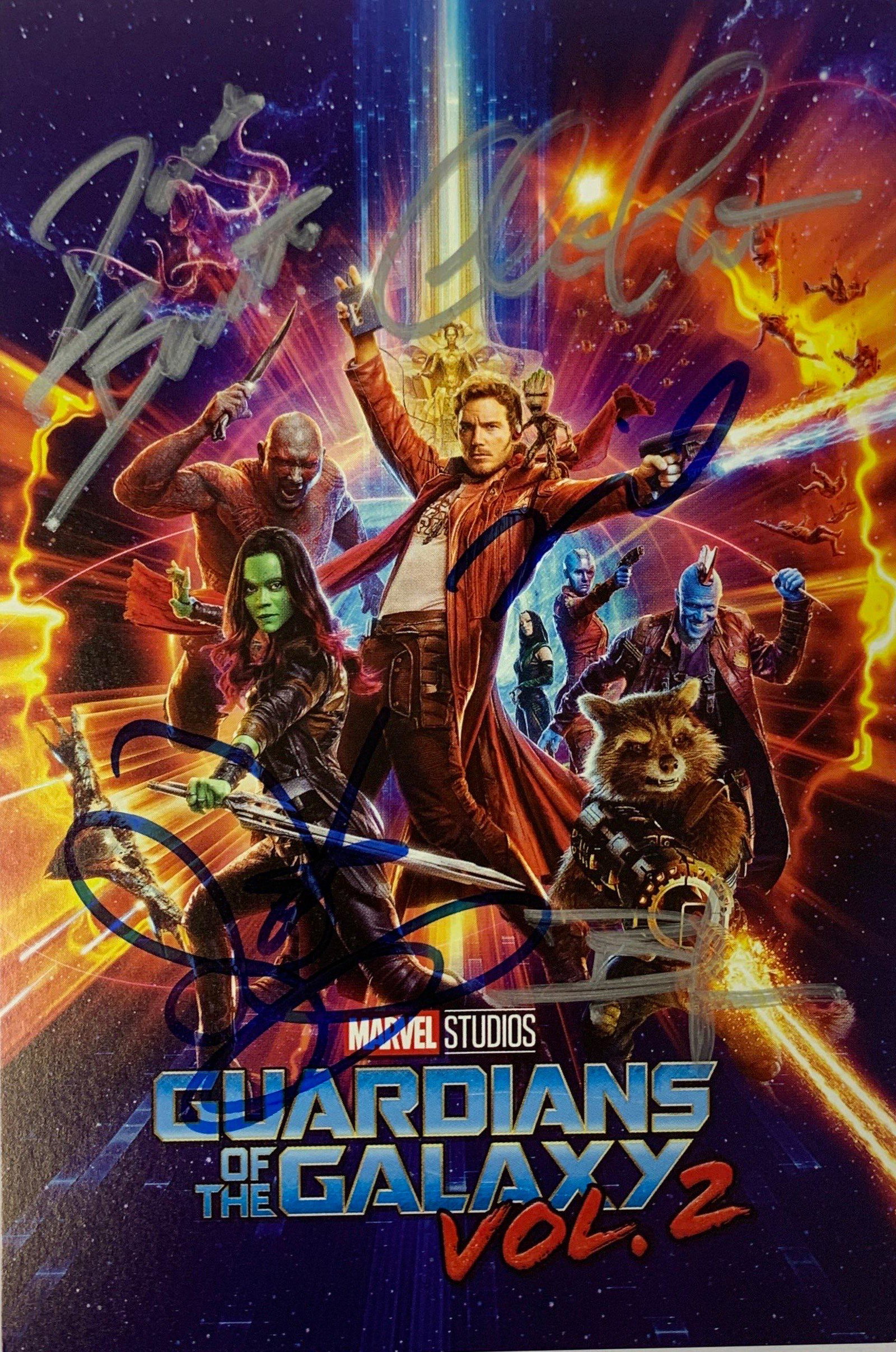 Signed Guardians of the Galaxy 2 Postcard: Category: Autograph CollectiblesAutograph By: Chris Pratt, Zoe Saldana, Dave Bautista, Vin Diesel, Bradley Cooper, Michael Rooker, Karen Gillan, Pom KlementieffExecellent Condition and Certified. We o