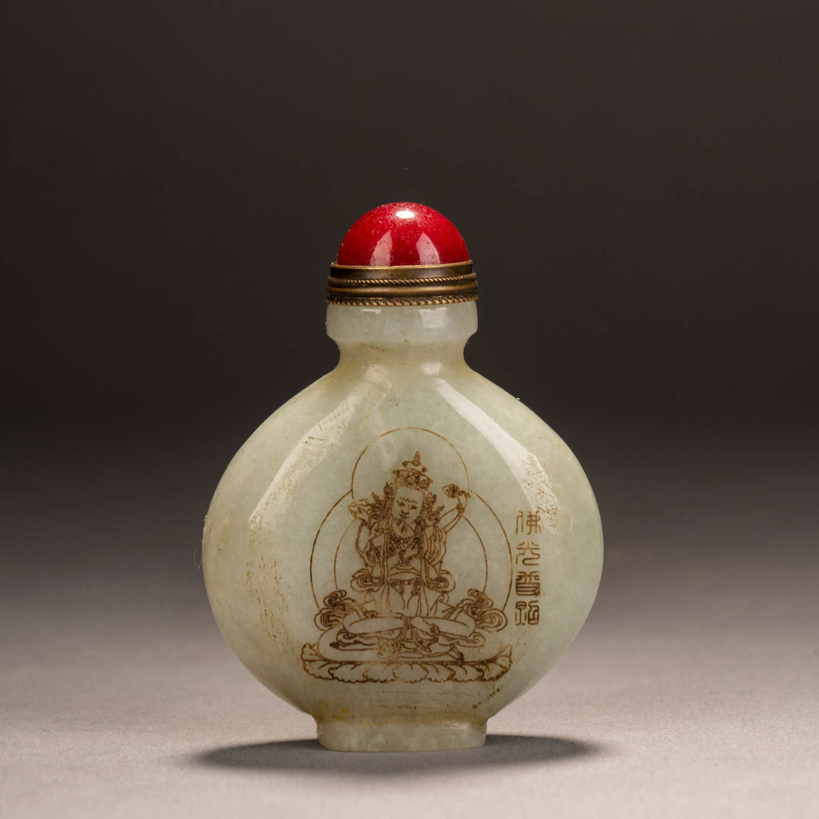 Qing Dynasty Hetian Jade-painted Gold Buddha Snuff Bottle (1 of 7)