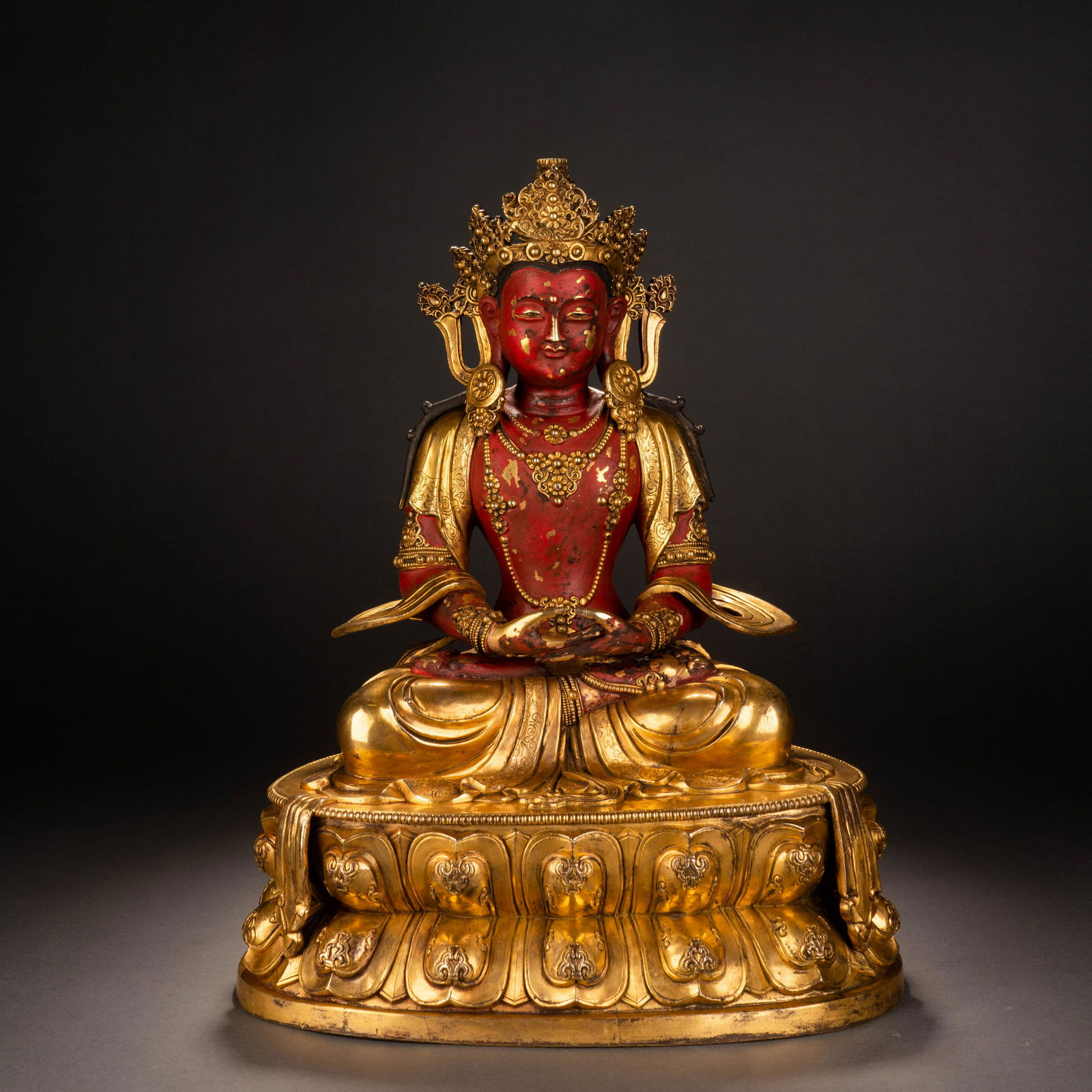 Ming Dynasty gilt bronze cinnabar red Buddha seated statue (1 of 12)