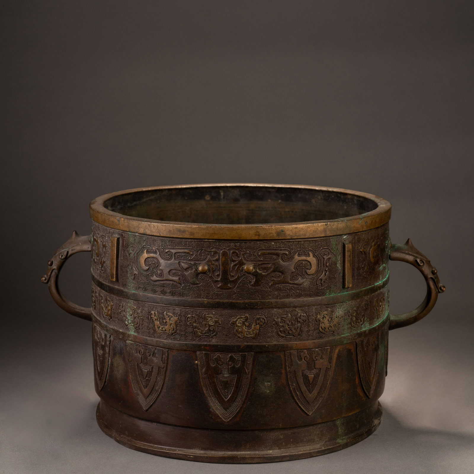 Qing Dynasty Bronze Animal Face Pattern Double Ear Tube Furnace (1 of 11)