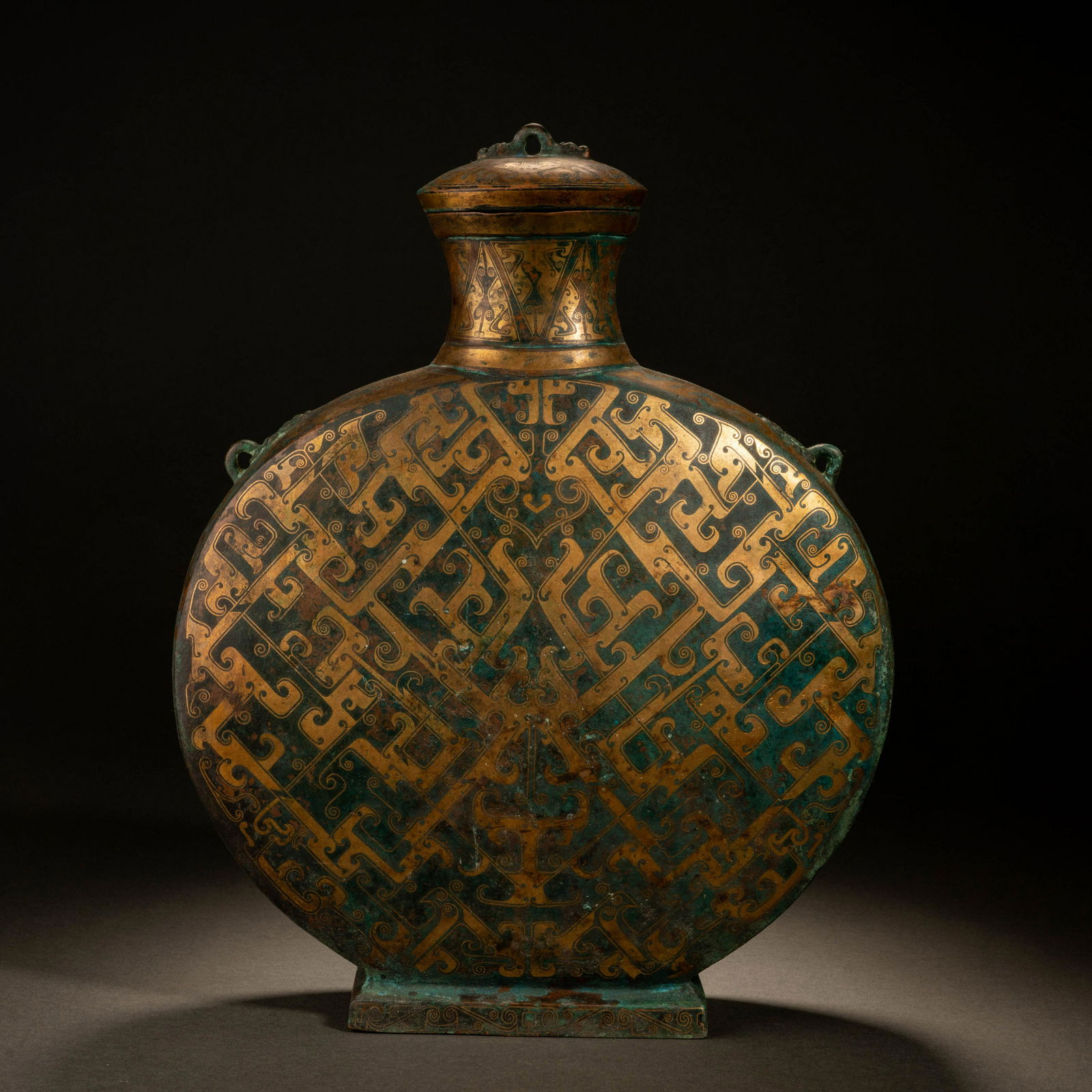 Han Dynasty bronze, gold and silver chilong flat vase (1 of 9)