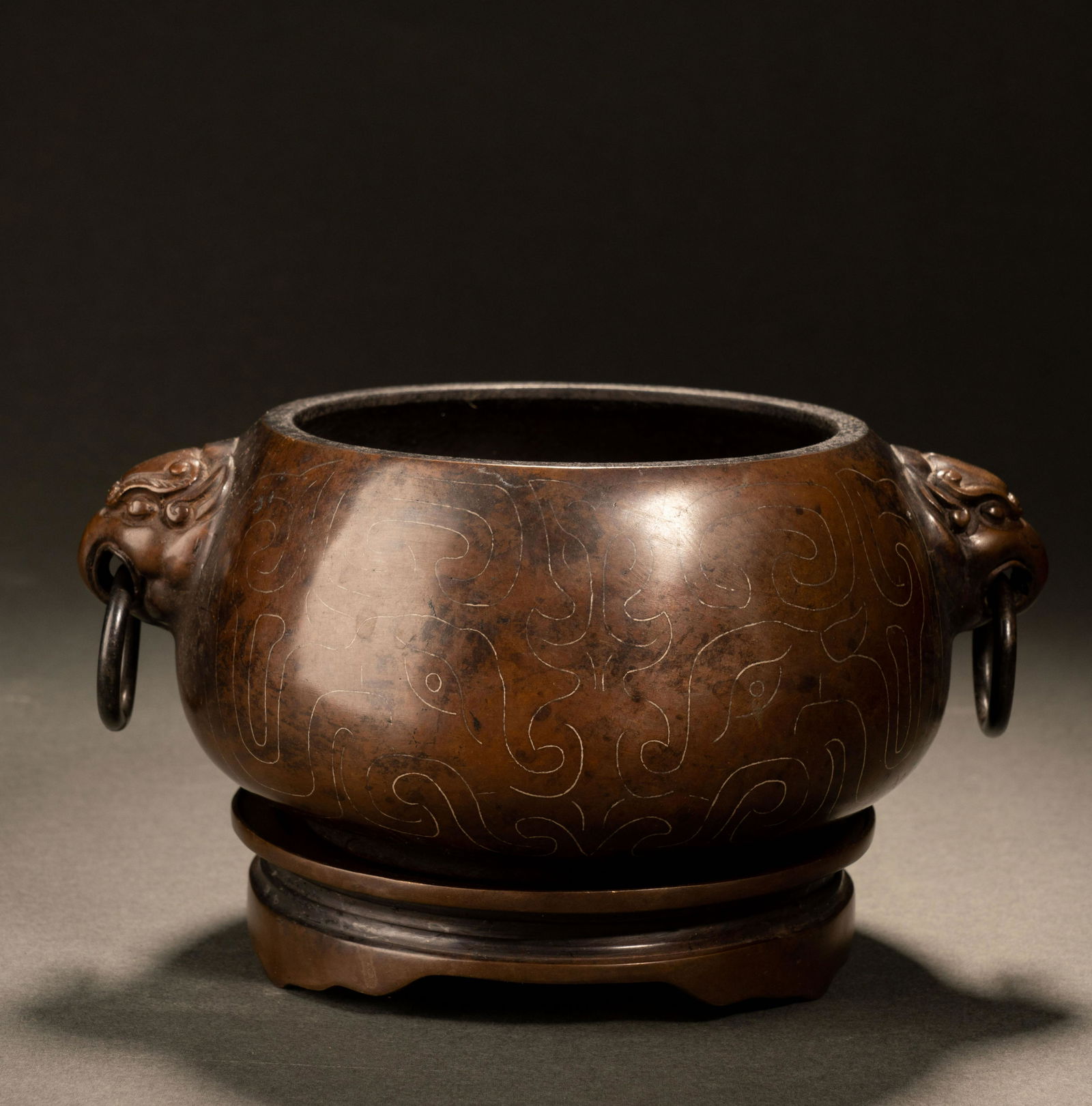 Ming Dynasty copper inlaid silver wire double ear copper furnace (1 of 10)