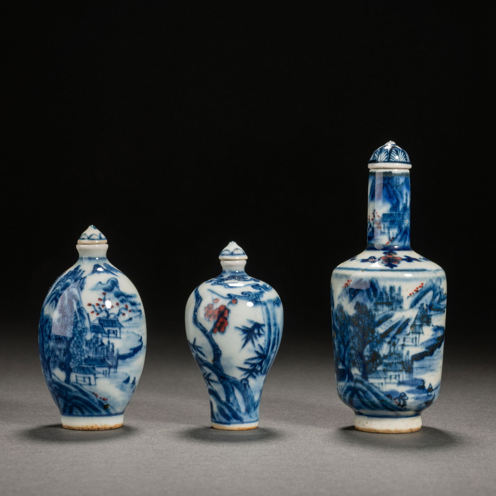 Qing Dynasty Blue and White Underglaze Red Landscape Snuff Bottle (1 of 9)