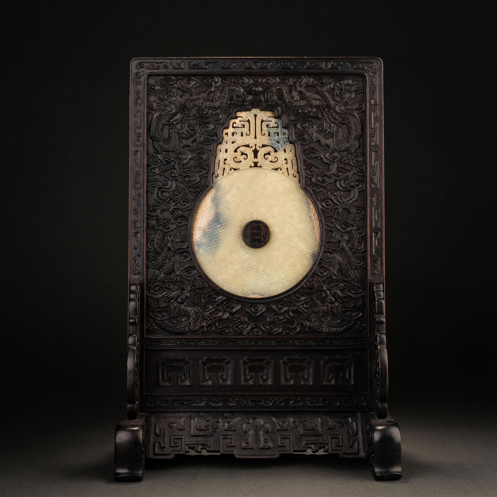 A qing dynasty red sandalwood dragon pattern inlaid jade screen (1 of 11)