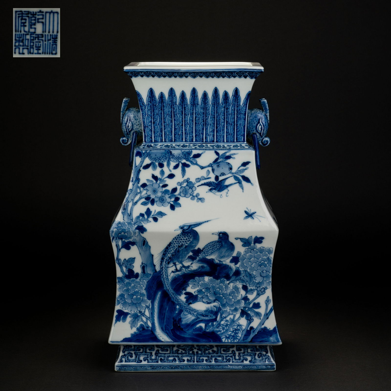 Qing Qianlong blue and white flower and bird double ear square vase (1 of 11)