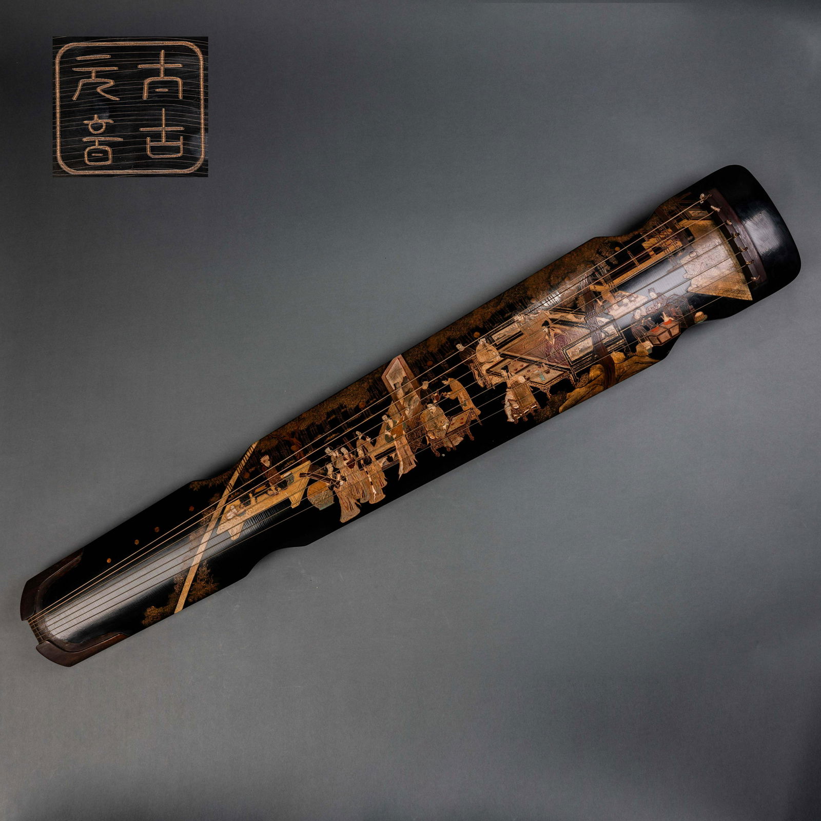 Qing lacquer gold painted figure guqin (1 of 9)