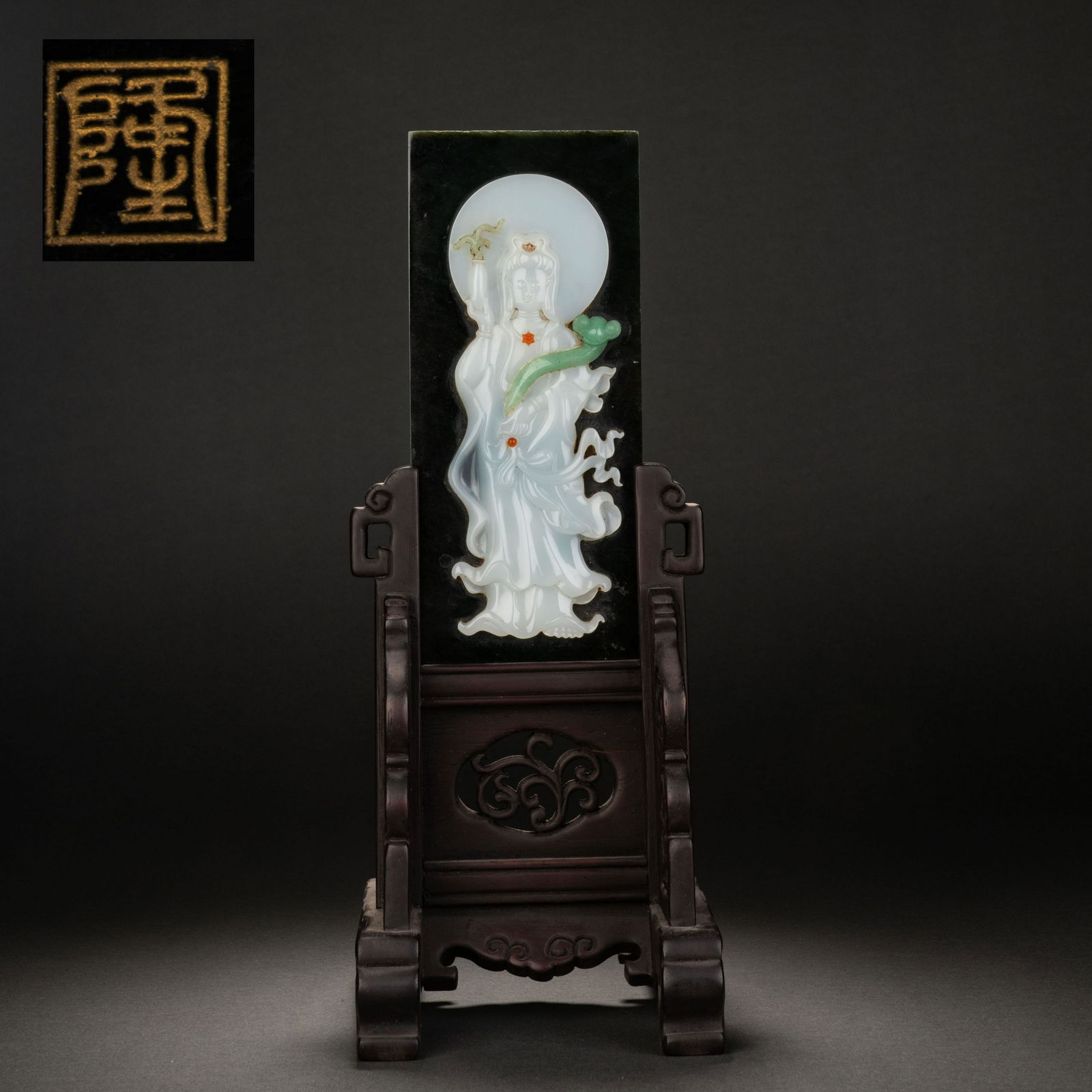 qing dynasty red sandalwood inlaid jasper jade avalokitesvara (1 of 12)