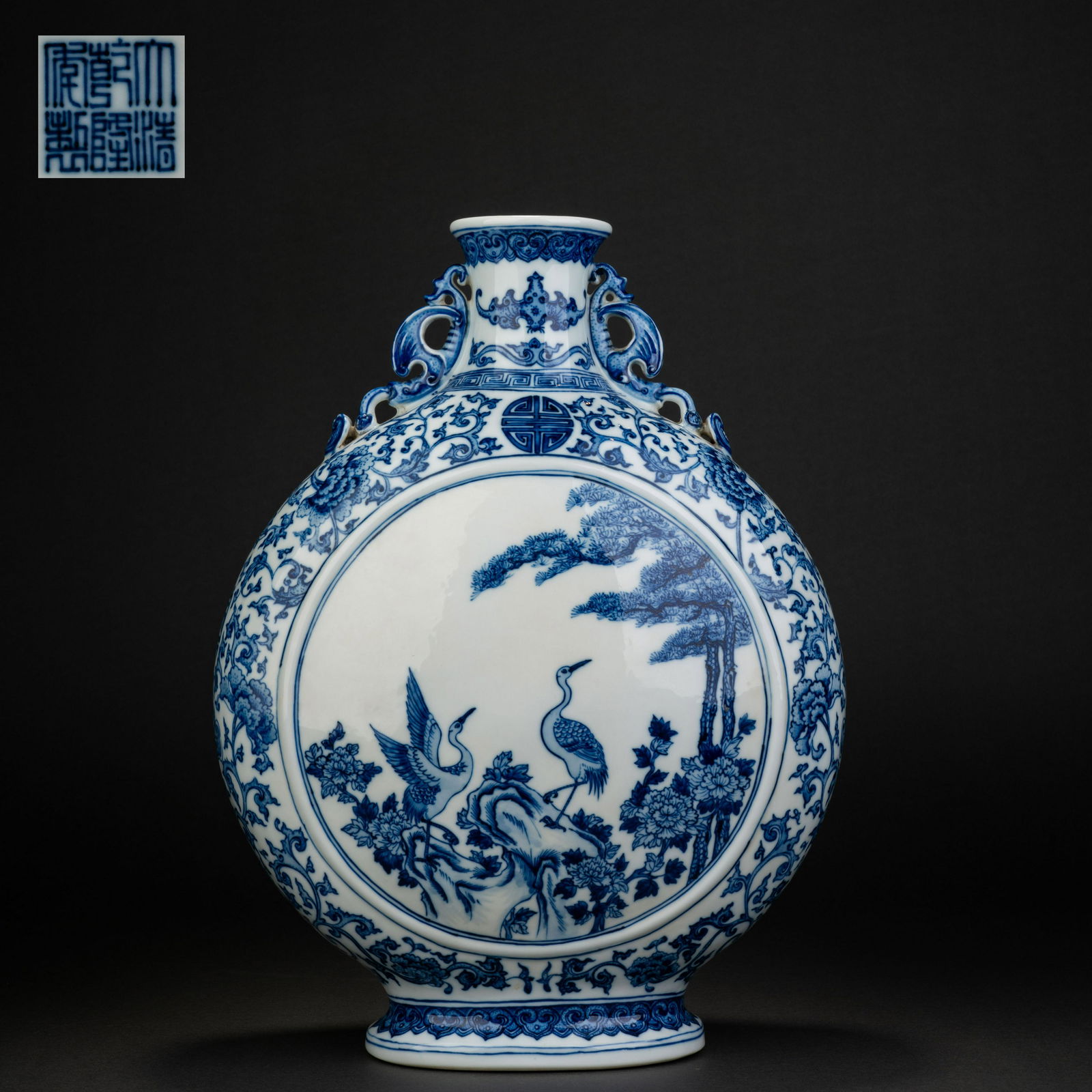 Qing Dynasty Qianlong Blue and White Pine Crane Pattern Holding Moon Vase (1 of 9)