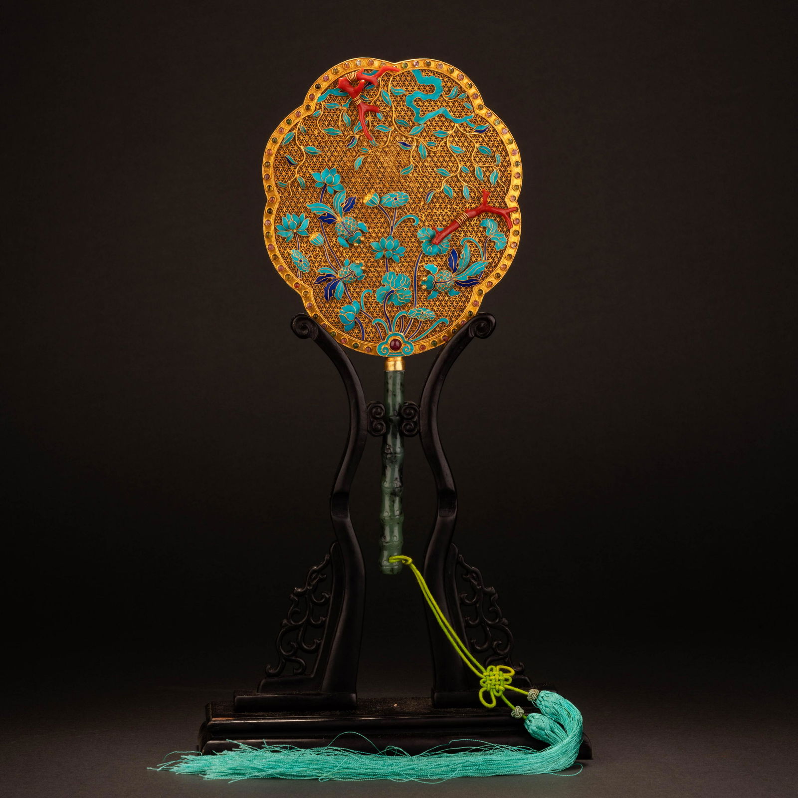 Qing gilt filigree dot emerald lace fan (1 of 11)