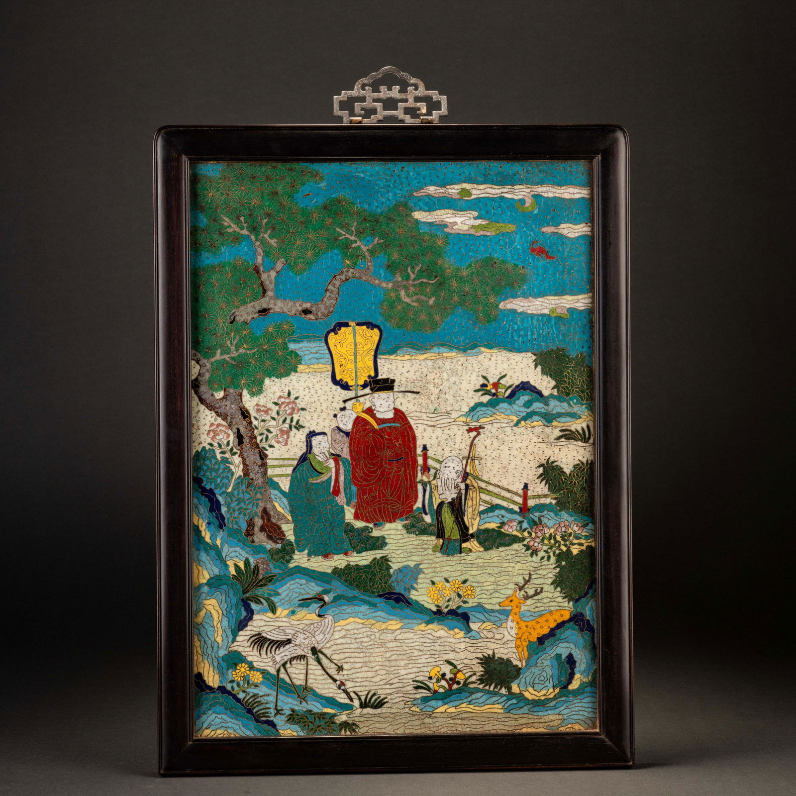 Qing Dynasty Bronze Cloisonne Enamel Fu Lu Shou Hanging Screen (1 of 9)