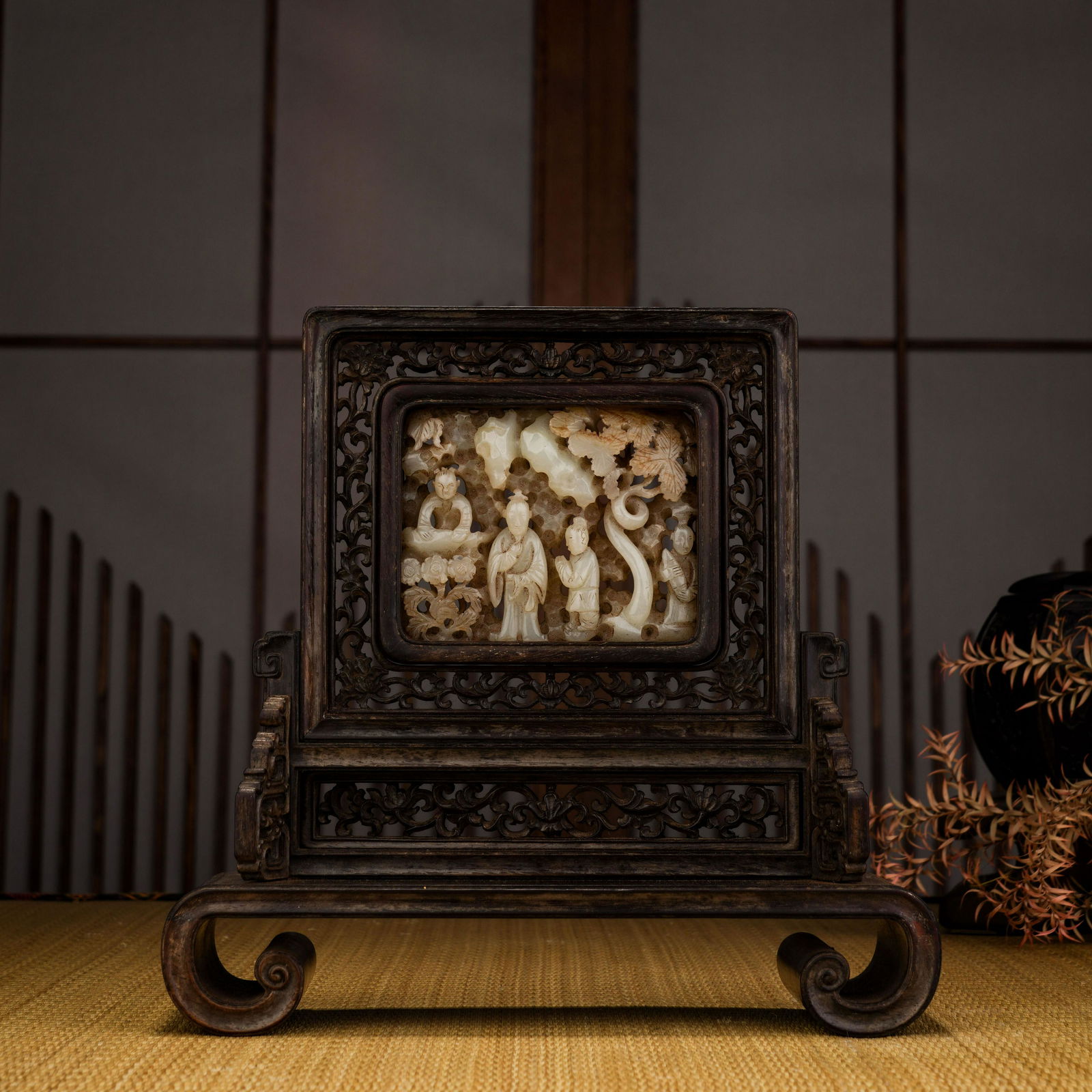 Qing Dynasty Huanghuali Inlaid Hetian Jade Character Story Interlude (1 of 9)