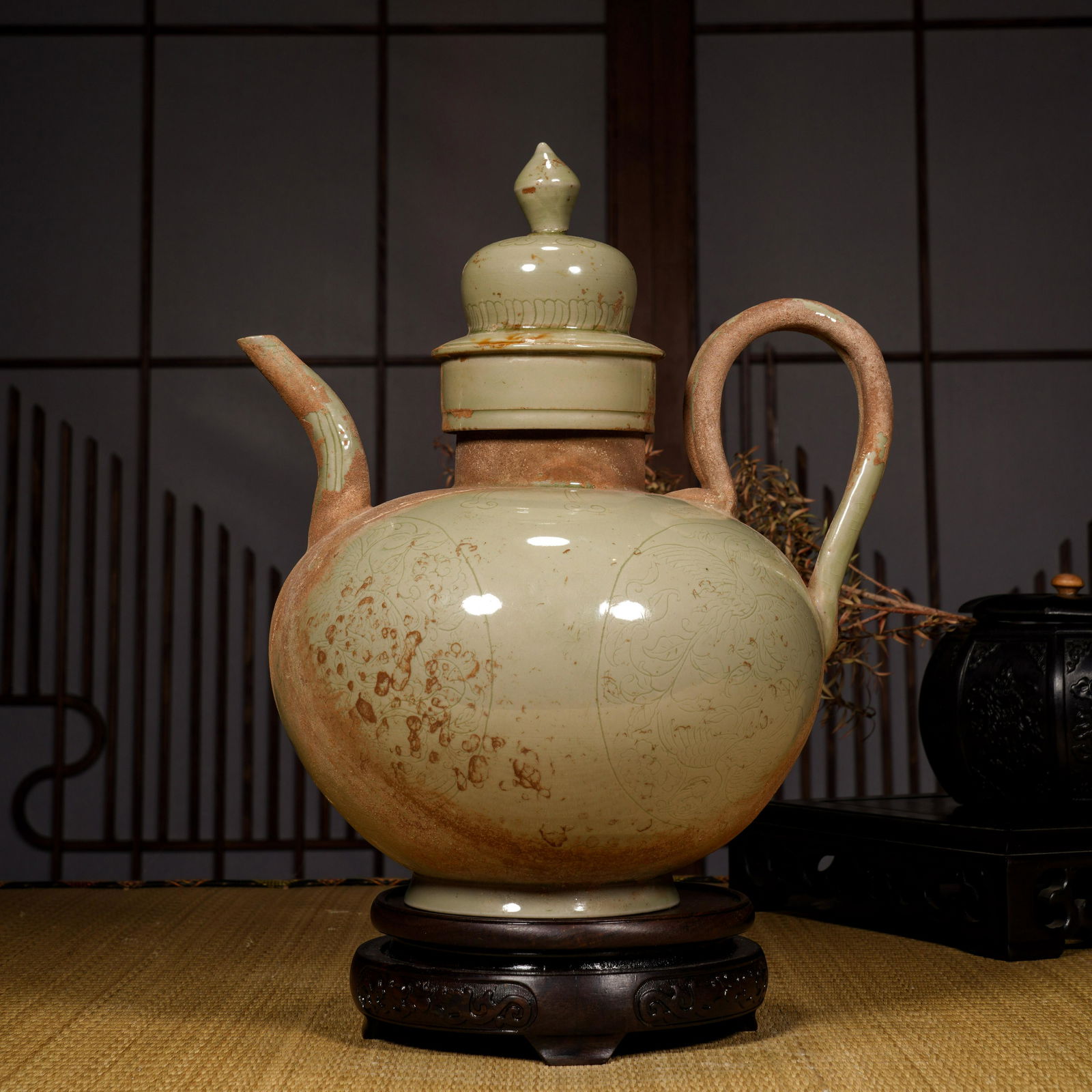 Tang Dynasty Yue Kiln Secret Color Porcelain Pot with Flowers (1 of 9)