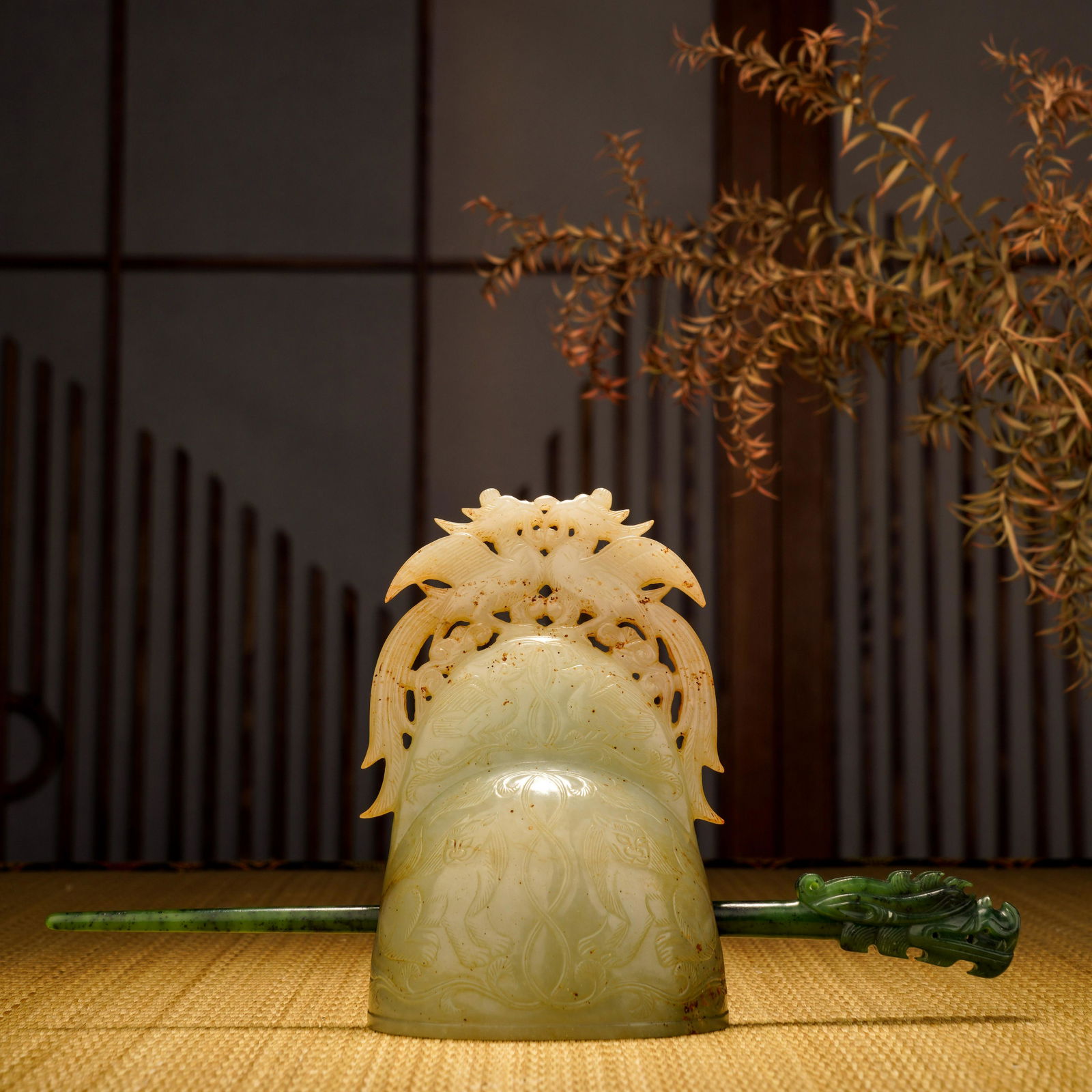 Qing Dynasty Hetian jade and phoenix pattern official hat jasper headband (1 of 9)