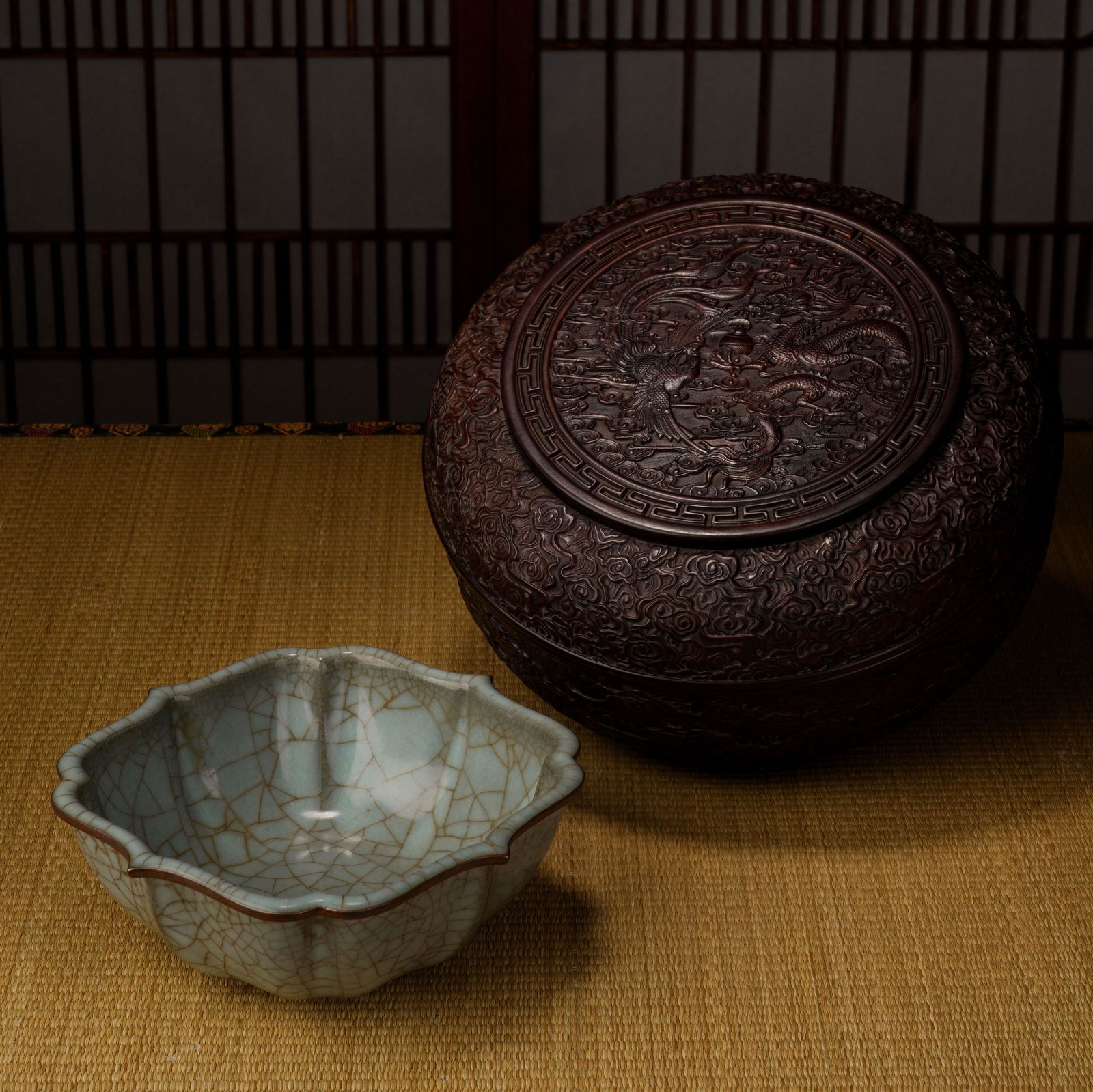 A Qing Dynasty Yuwange Glazed Pen Washed Red Sandalwood Dragon and Phoenix Holder Box (1 of 11)