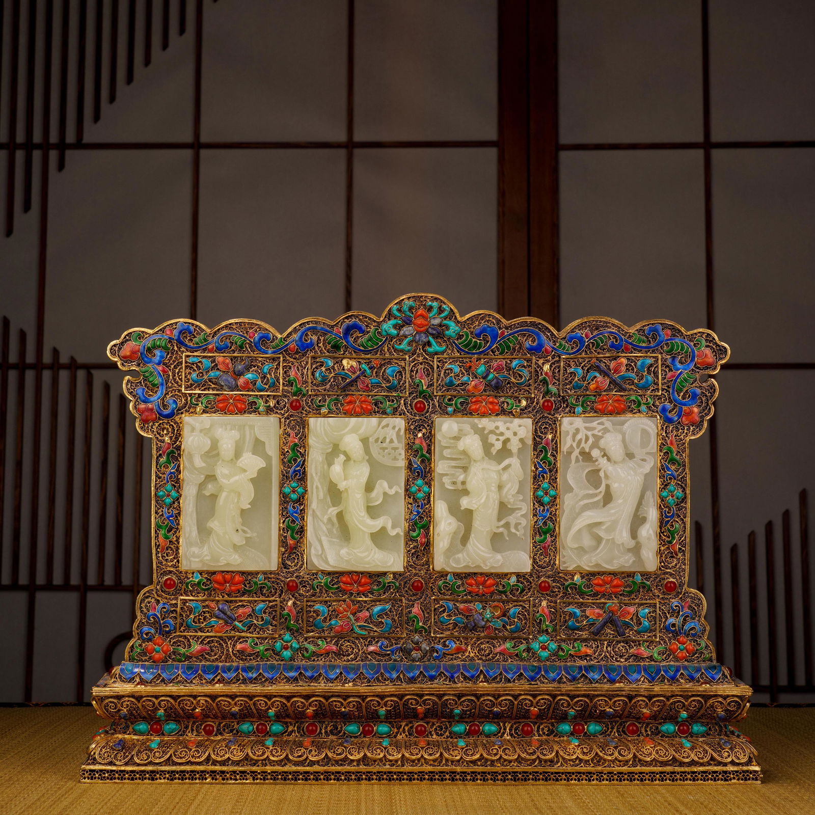 A gilt-bronze, emerald-inlaid turquoise and Tianyu screen with four beauties, Qing Dynasty (1 of 12)