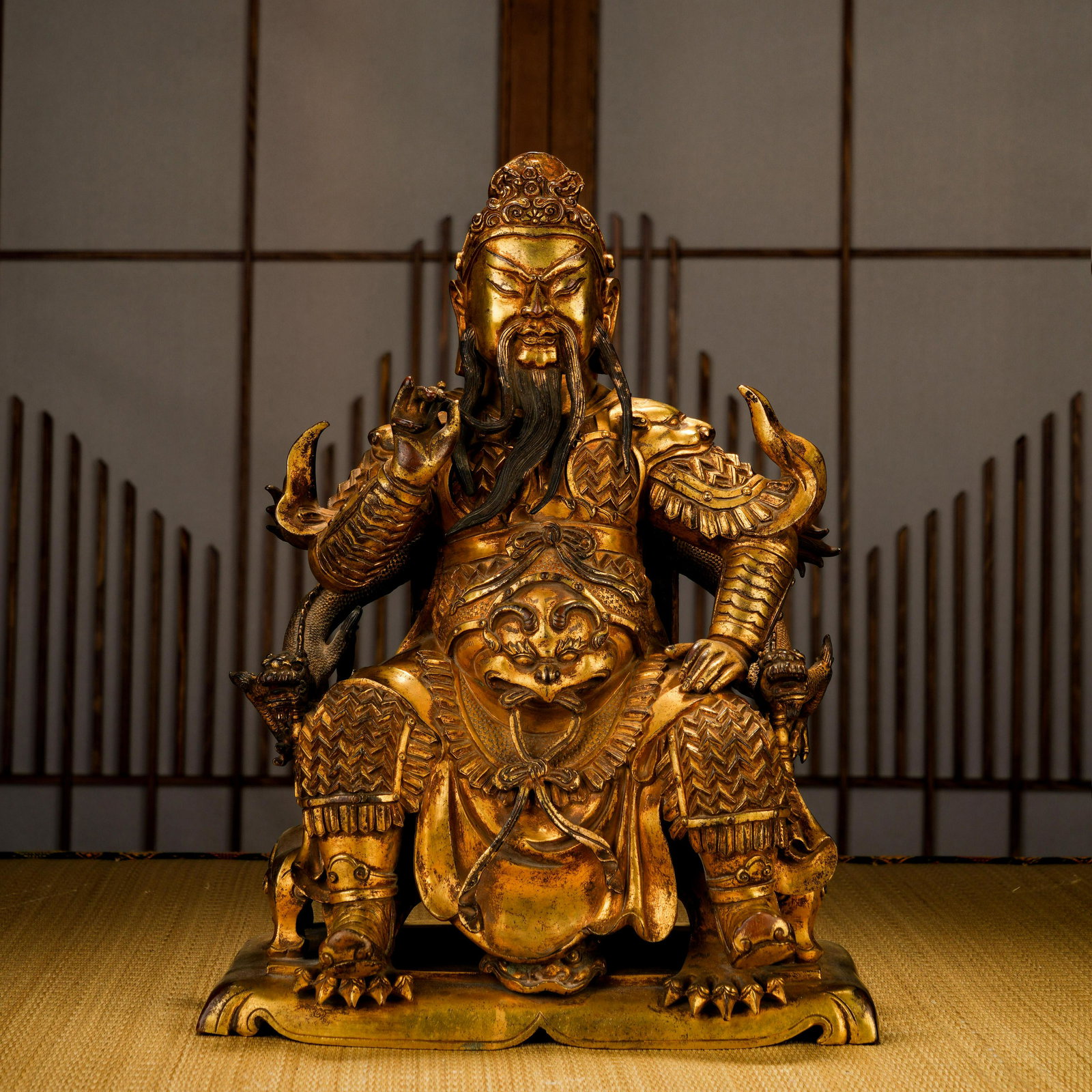 Ming Dynasty Gilt Bronze Seated Statue of Guan Gong (1 of 11)