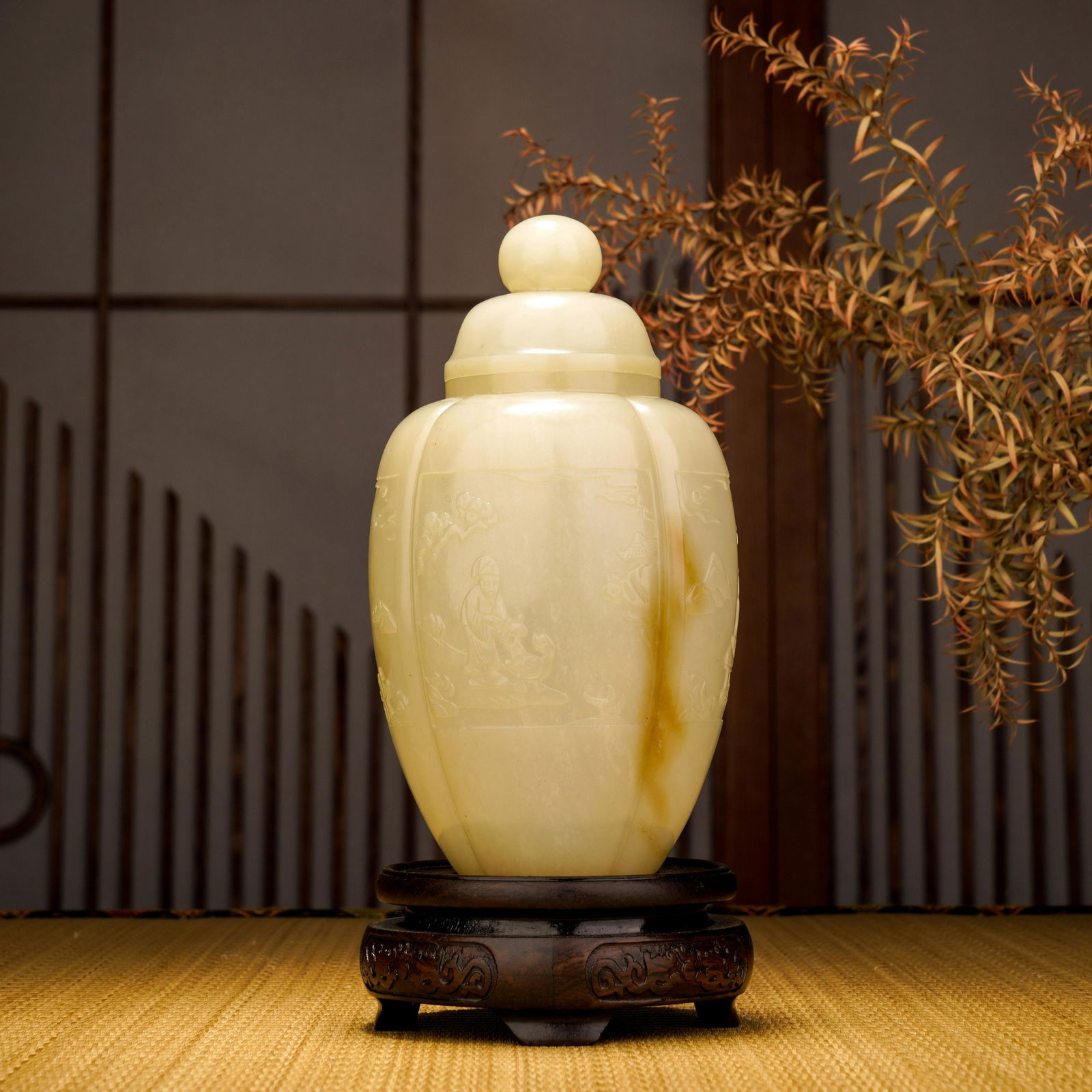Qing Dynasty Hetian Jade Carved Figure Cover Jar (1 of 9)