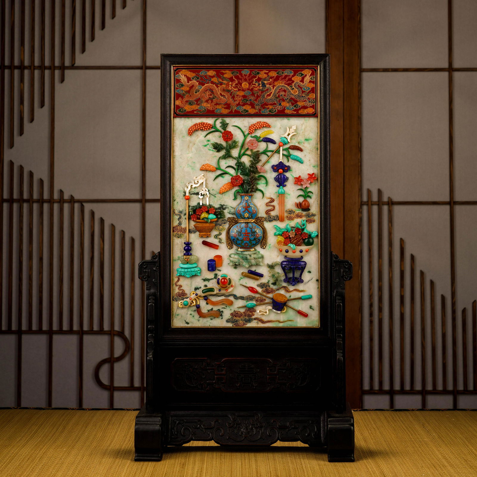 Qing Dynasty A red sandalwood inlaid jadeite antique screen (1 of 15)