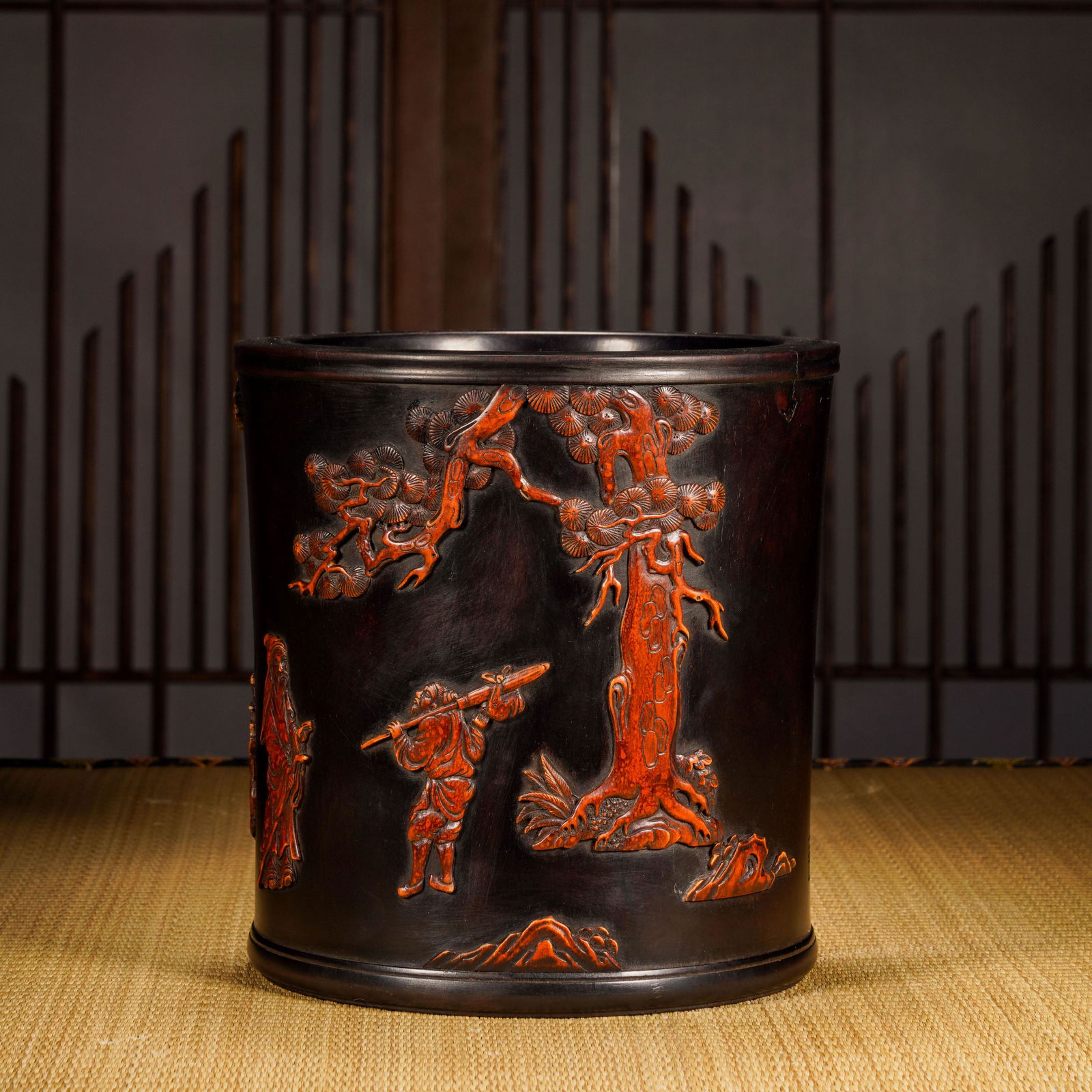 Qing Dynasty A red sandalwood inlaid boxwood woodcarving character story pen holder (1 of 9)