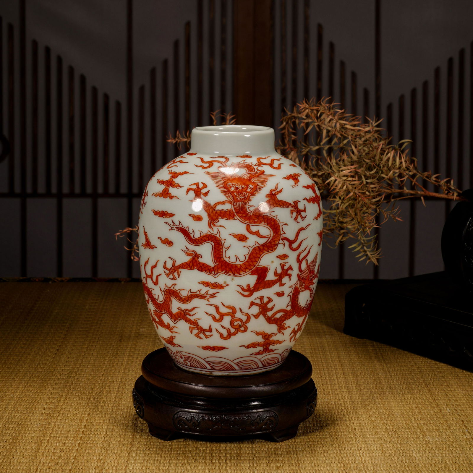 Qing alum red sea water dragon pattern jar (1 of 8)