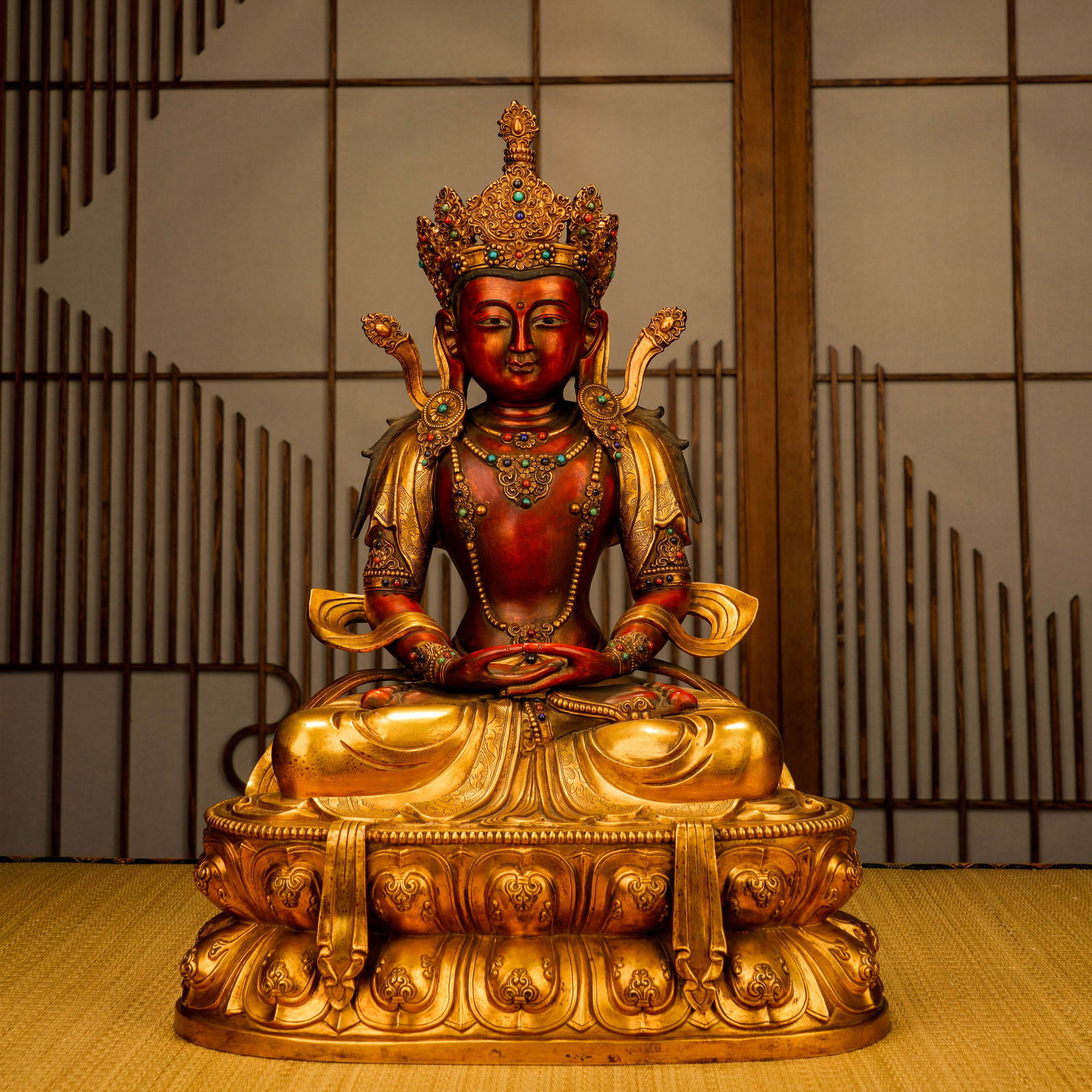 A Gilt Bronze Cinnabar Buddha Statue, Qing Dynasty (1 of 11)