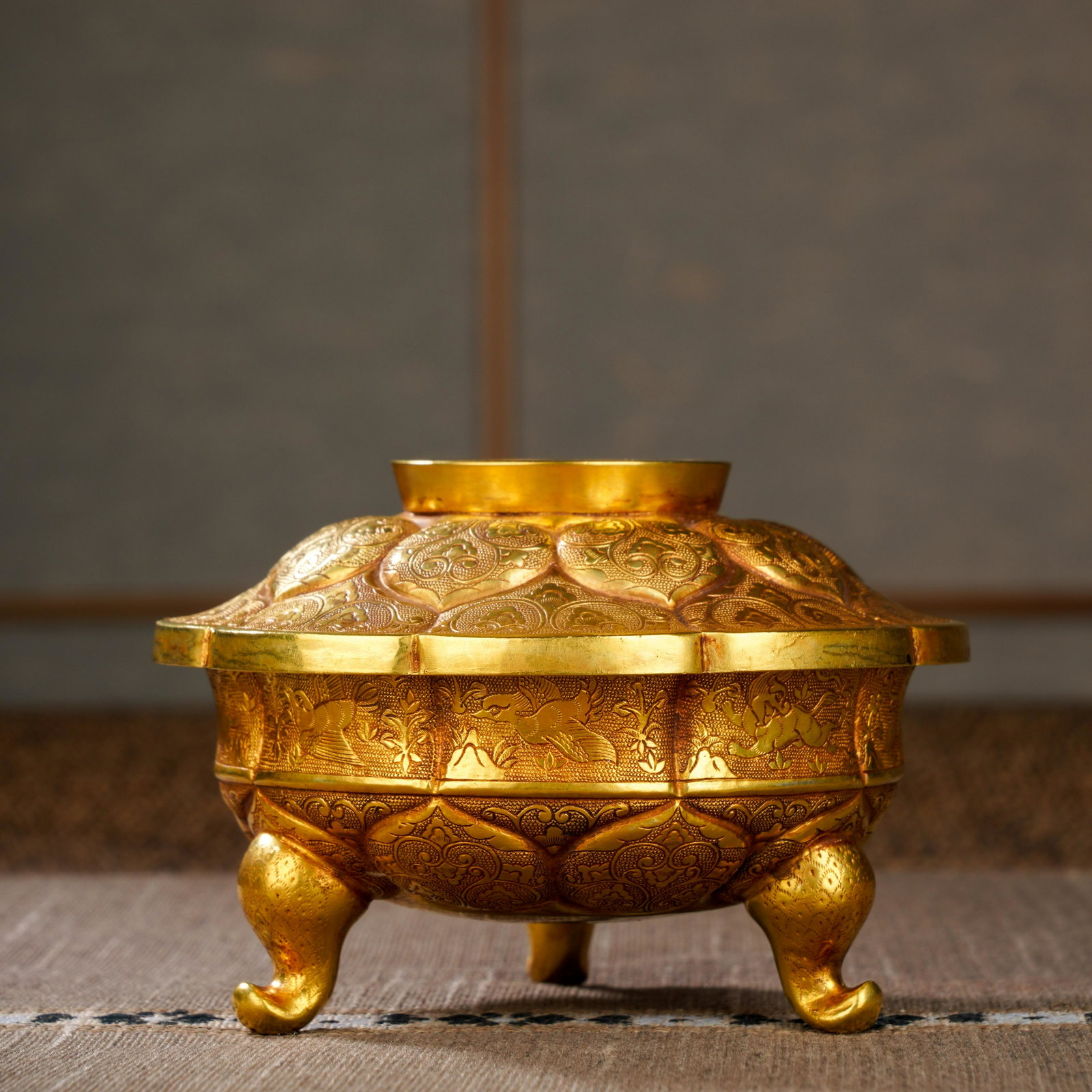 A Pre-Ming Dynasty Pure Golden Lotus Pattern Incense Burner (1 of 9)