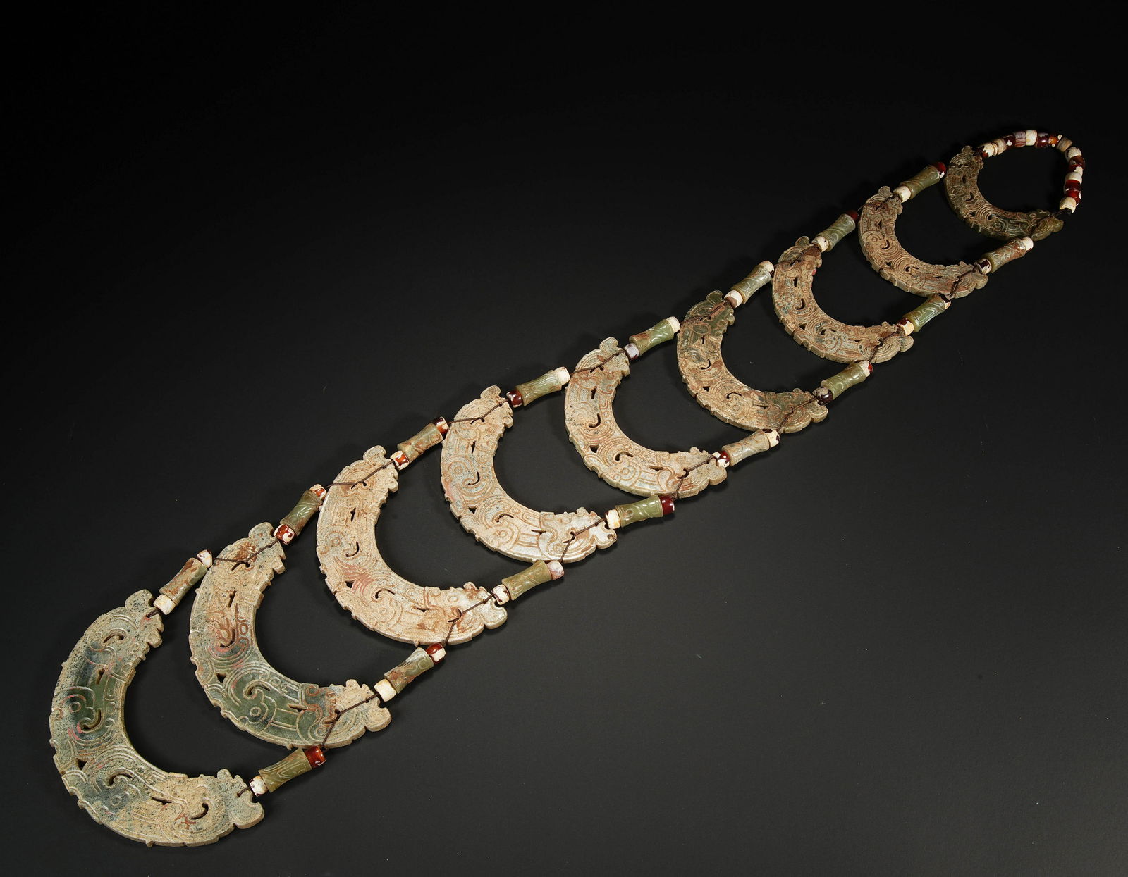 Pre-Ming Dynasty A Hetian Jade Necklace with Animal Patterns and Inlaid Agate (1 of 9)