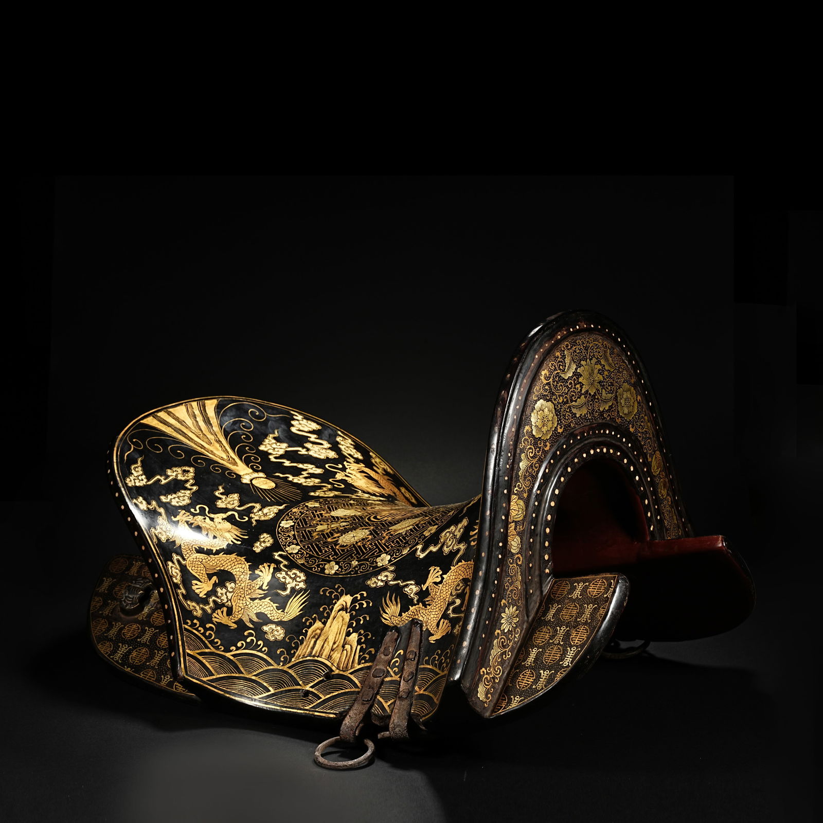 Varnish gold auspicious cloud dragon pattern shark skin saddle with longevity characters (1 of 14)