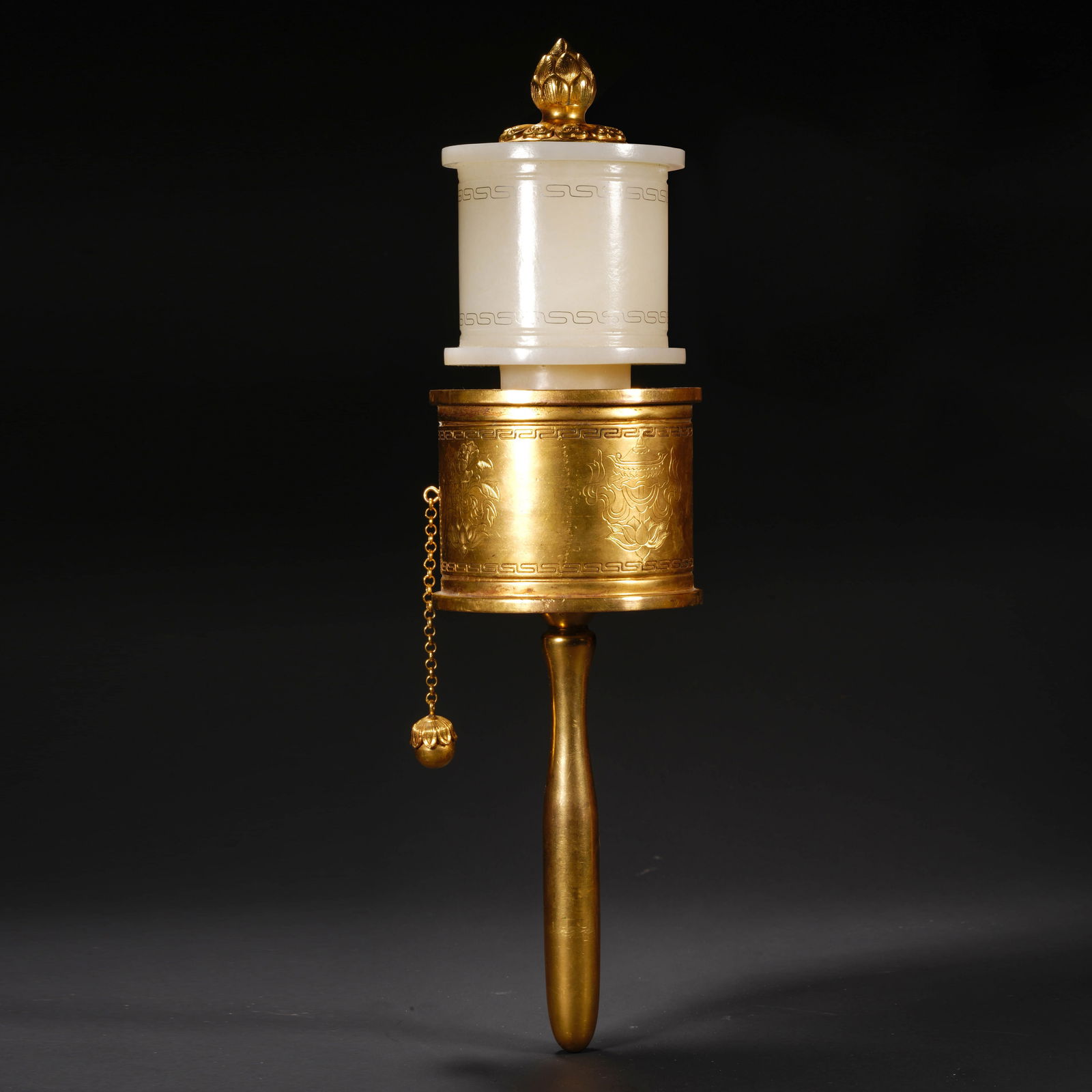 Qing Dynasty Hotan jade inlaid gilt eight-treasure prayer wheel (1 of 7)