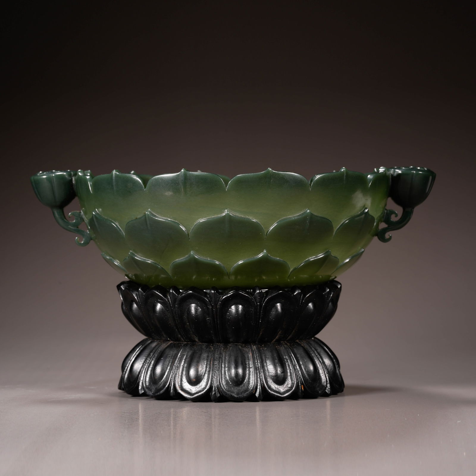 Qing Dynasty Jasper Lotus Bowl with Rosewood Base: H:10.5cm W:19cm Wt:600g