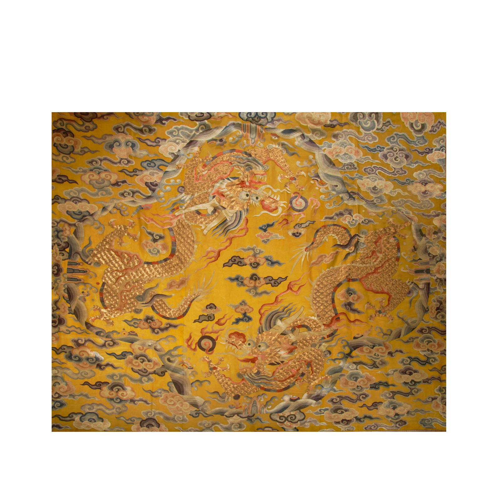 Embroidered hanging curtain with two dragons playing with pearls on a bright yellow background: L:214cm W:182cm