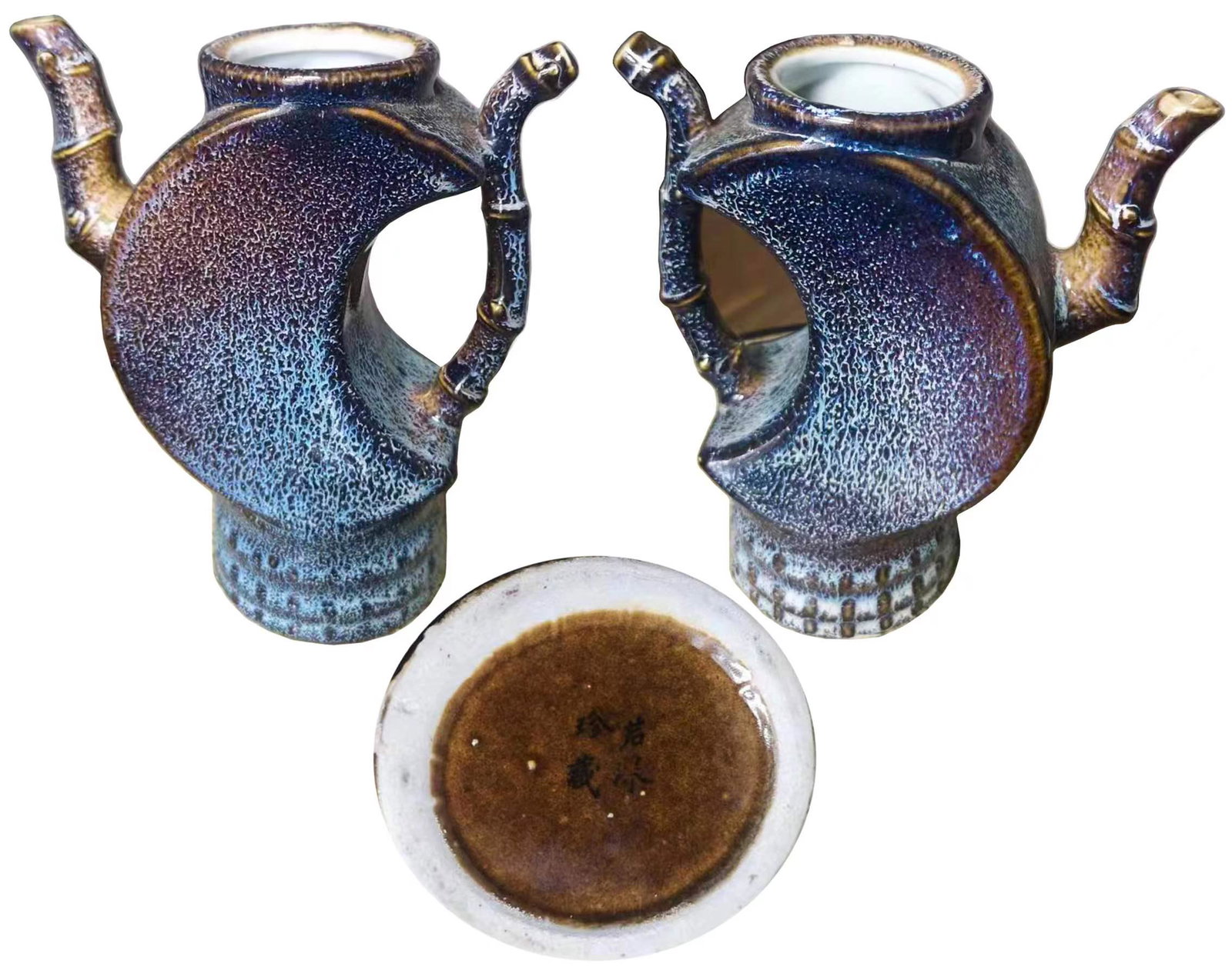 A LU JUN WARE POT: Height:17cm.Width:16cm.Bottom:8.2cm.Caliber:4.8/6.5cm.This vessel type antique, stable atmosphere, glaze for the typical mineral material, pure hand-brawn production, no sense of floating, body facete