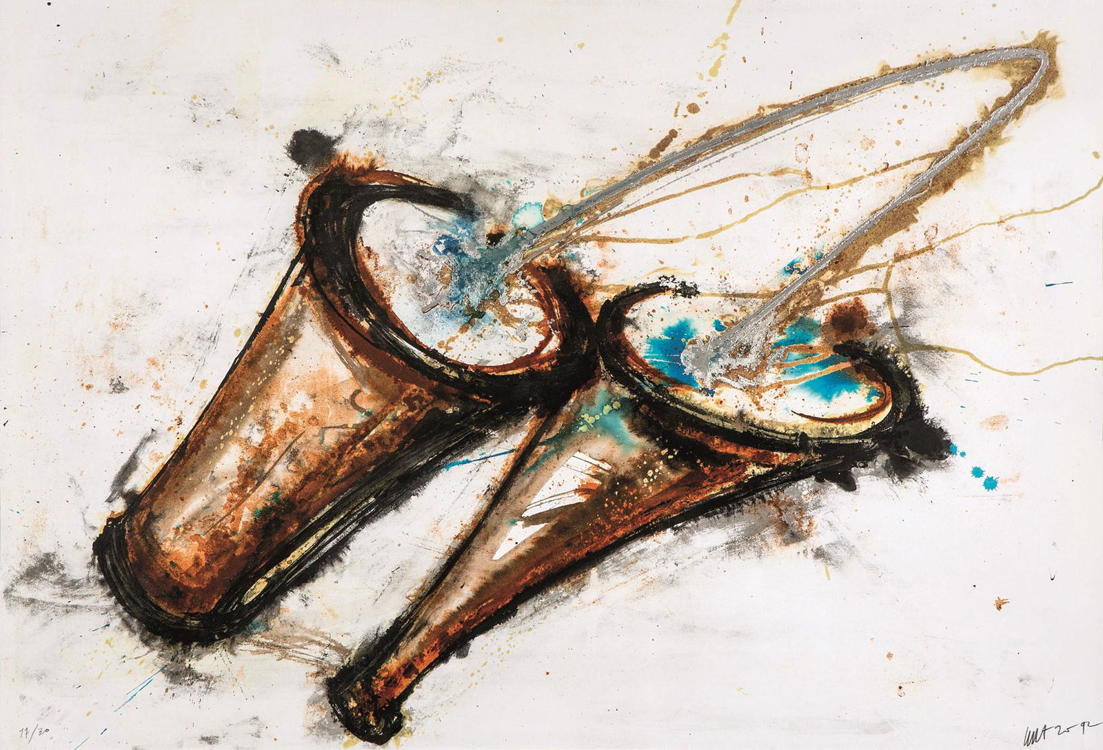 Gilberto Zorio, Crogiuoli: Crogiuoli1992Litografia con interventi manuali in rilievo su carta.Firmata a mano e numerata 17/30.cm 67x97, cornice cm 86x117