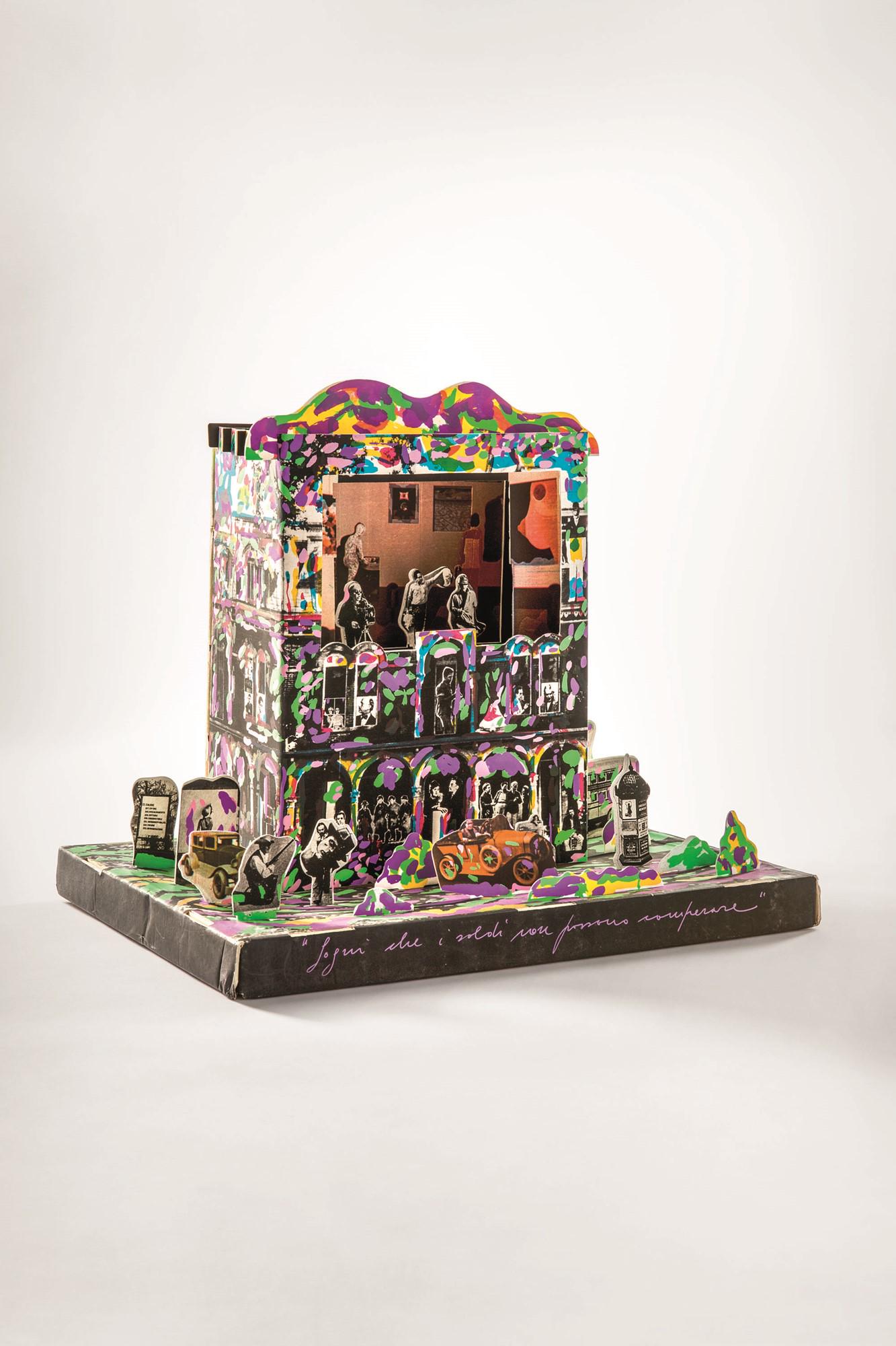 Ugo Nespolo, Sogni che i soldi non possono comprare: Sogni che i soldi non possono comprare1976Teatrino in cartoncino fustellato serigrafato a 8 colori.Firmato e numerato a mano XII/L.Tra i vari personaggi Filippo Tommaso Marinetti e Andy Warhol.cm 45x5