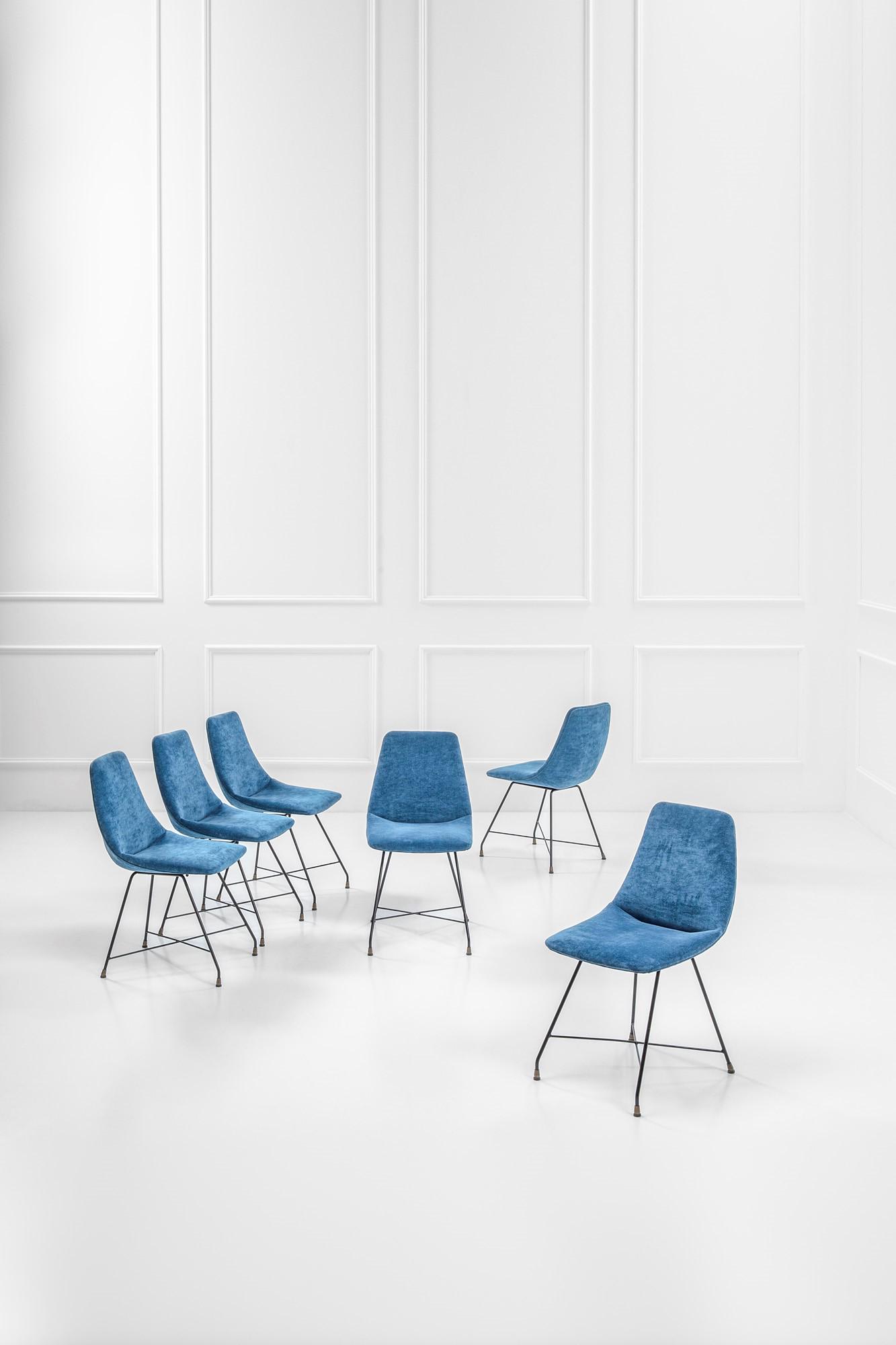 Augusto Bozzi, Sei sedie mod. Aster: Sei sedie mod. Aster Metallo verniciato, tessuto. Prod. Saporiti, 1950 ca. cm 82x45x58 LITERATURE: Domus, n. 324, novembre 1956, Rassegna Domus.