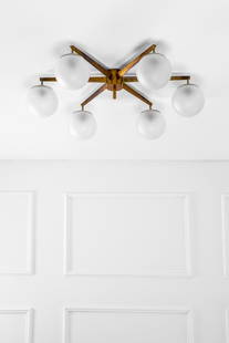 Angelo Lelii, Lampada da soffitto mod. Stella a 6: Lampada da soffitto mod. Stella a 6 Ottone lucido, vetro satinato. Prod. Arredoluce, 1960 ca. Etichetta del produttore. h cm 28, diam. cm 108 LITERATURE: Anty Pansera, Alessandro Padoan, Alessandro Pa