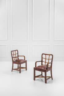 Maurizio Tempestini (attr.), Due poltrone: Due poltrone Legno massello tinto, pelle. 1935 ca. cm 90x53x49 LITERATURE: Claudio Cordoni, Maurizio Tempestini Interior Architect (1908 - 1960), Edizioni Edifir, Firenze, 2010, pp. 31, 33 (modelli si