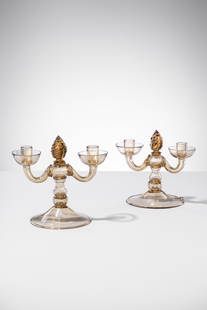 Vittorio Zecchin. Due candelabri mod. 2662: Due candelabri mod. 2662Vetro soffiato trasparente pagliesco.M.V.M. Cappelin, 1921-25h cm 21, larg. cm 22,5, diam. base cm 16Literature: Marino Barovier, Carla Sonego (a cura di), Vittorio Zecchin. I