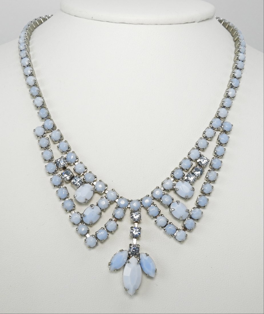 Vintage Weiss Pale Blue Milkglass & Rhinestone Necklace (1 of 4)