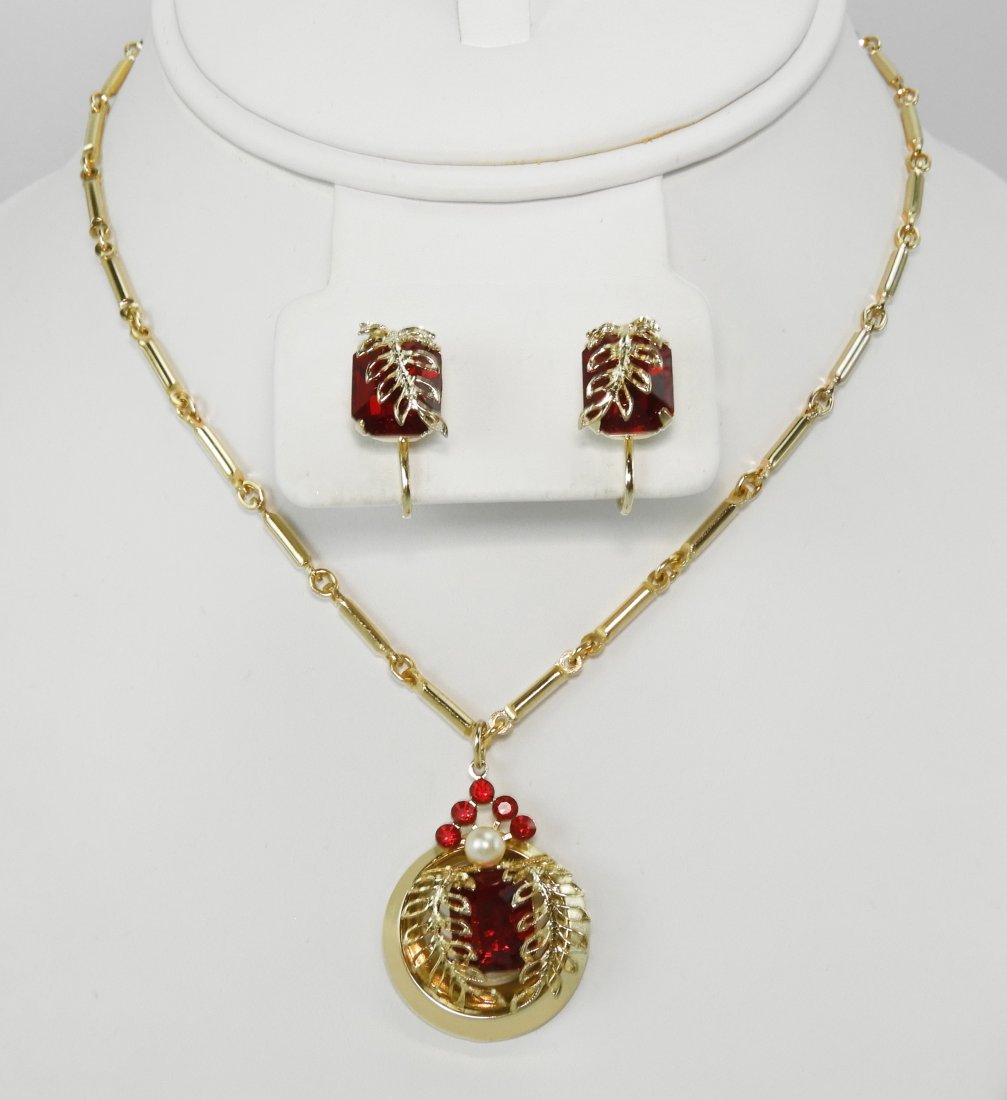 Vintage Red Rhinestone Necklace & Earring Set (1 of 4)