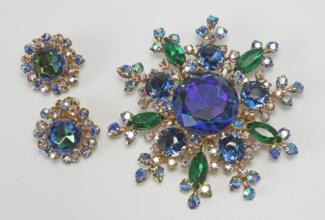 Large Vintage Vitrail Stone Rivet Brooch & Earring Set (1 of 7)