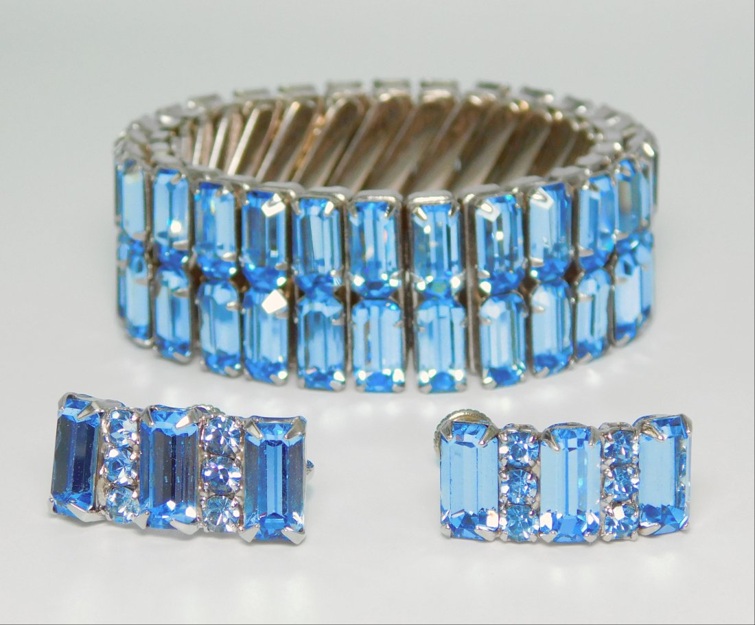 Vintage Weiss Baguette Earrings & Expansion Bracelet: Earrings: 1/4" across, 1" downBracelet: 3/3" wide, bracelet is unsigned